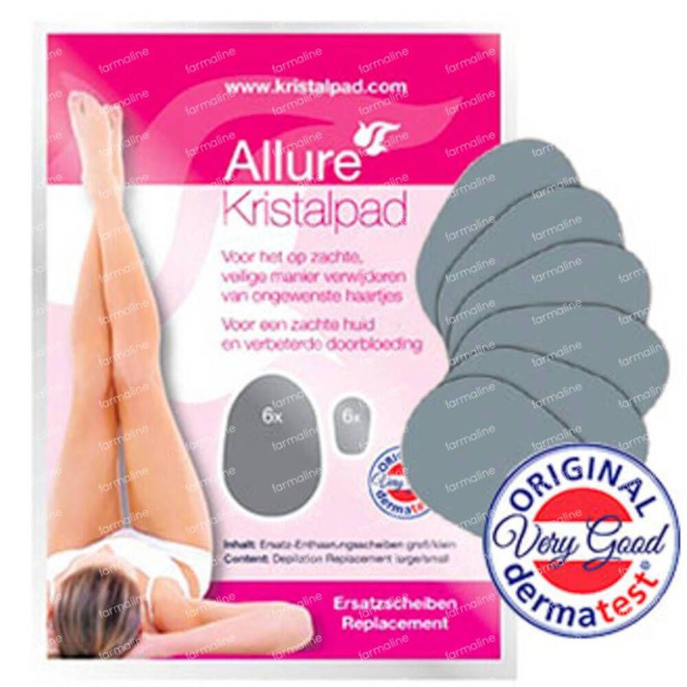 Paquet de recharges. Six grands et six petits tampons gris. Inscription : Allure Kristalpad, dermatest.