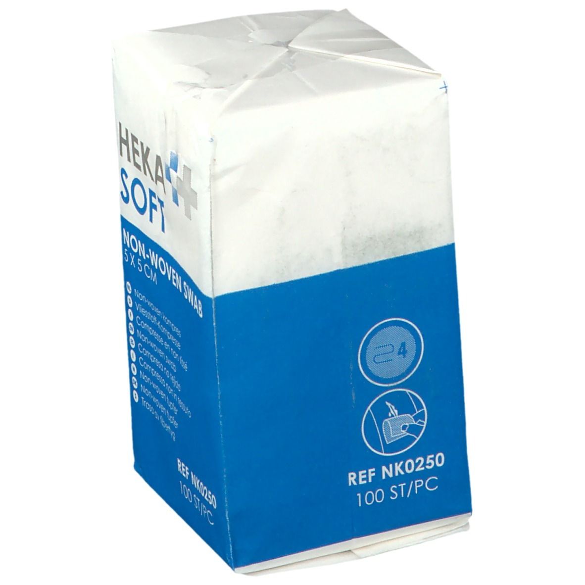 Verpakking van Heka Soft Non-Woven Swab 5x5cm. Blauw en witte verpakking met productnaam en informatie. 100 stuks. Met pictogrammen.