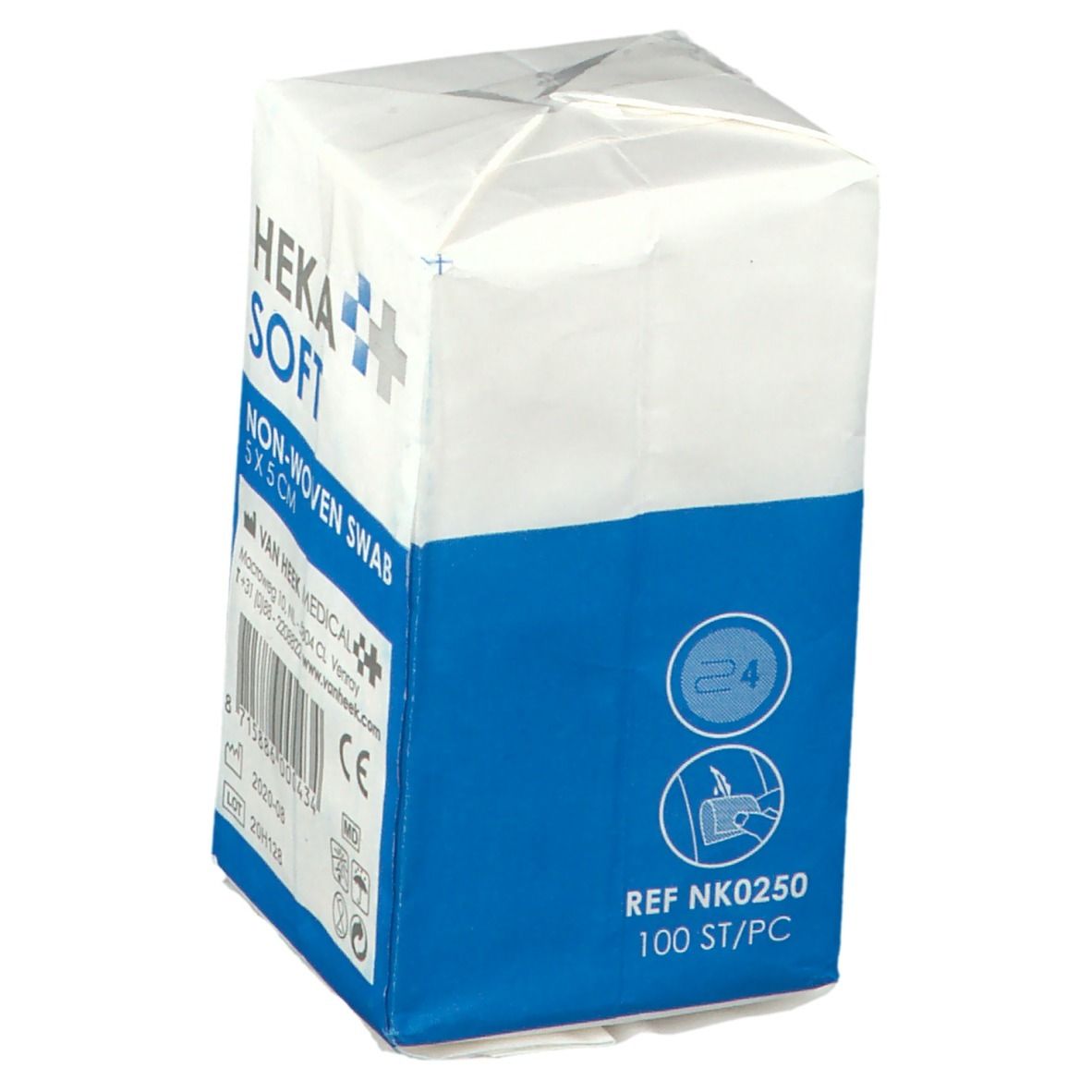 Verpakking van Heka Soft Non-Woven Swab 5x5cm. Blauw en witte verpakking met productnaam en informatie. Met pictogrammen.