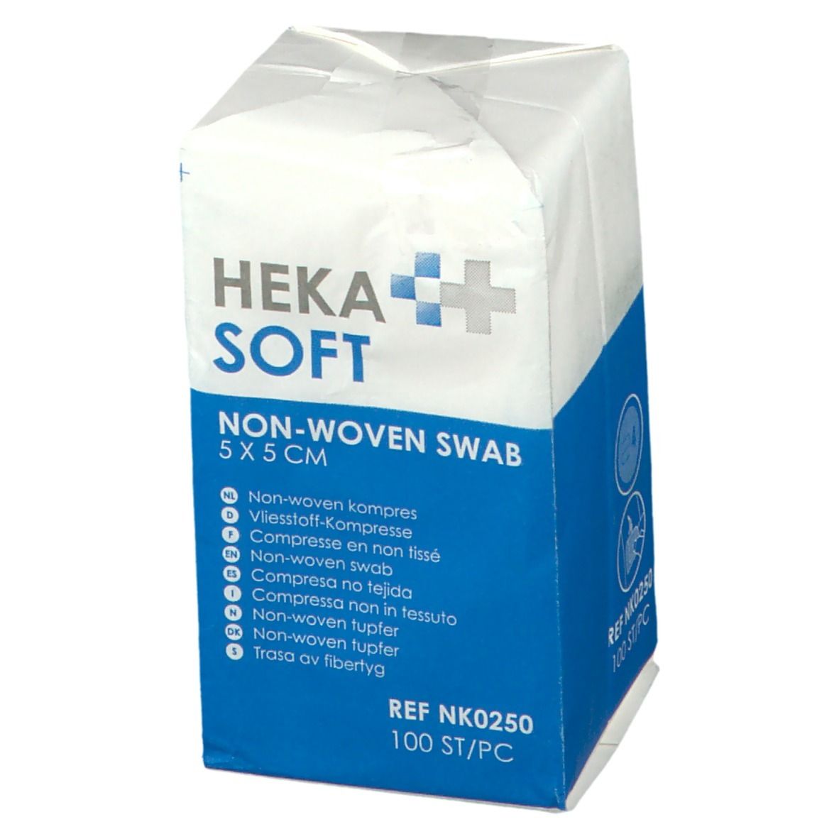 Verpakking van Heka Soft Non-Woven Swab 5x5cm. Blauw en witte verpakking met productnaam en informatie. 100 stuks.