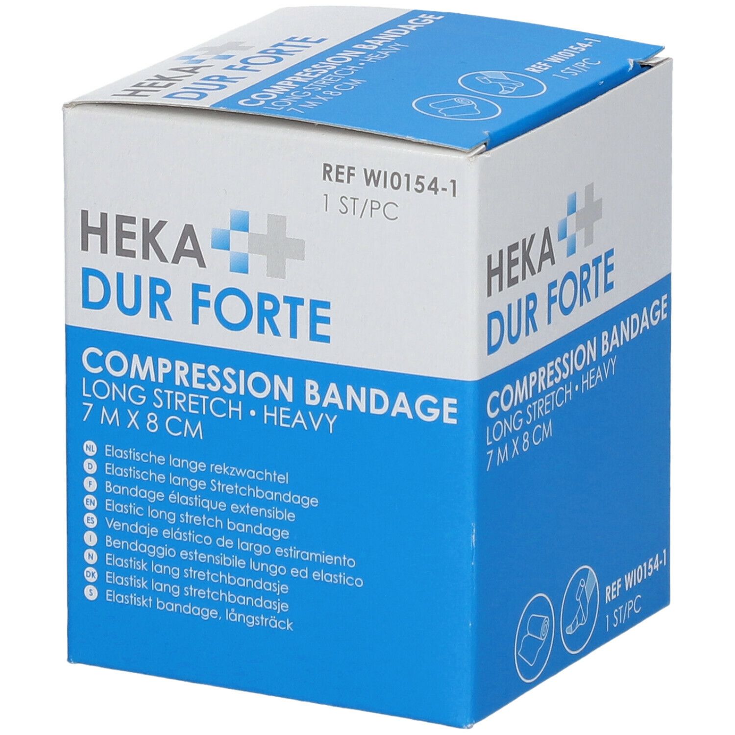 Heka Dur Forte compressieverband. 7x8 cm. Lange rek. Zwaar. Meertalige lijst op de verpakking.