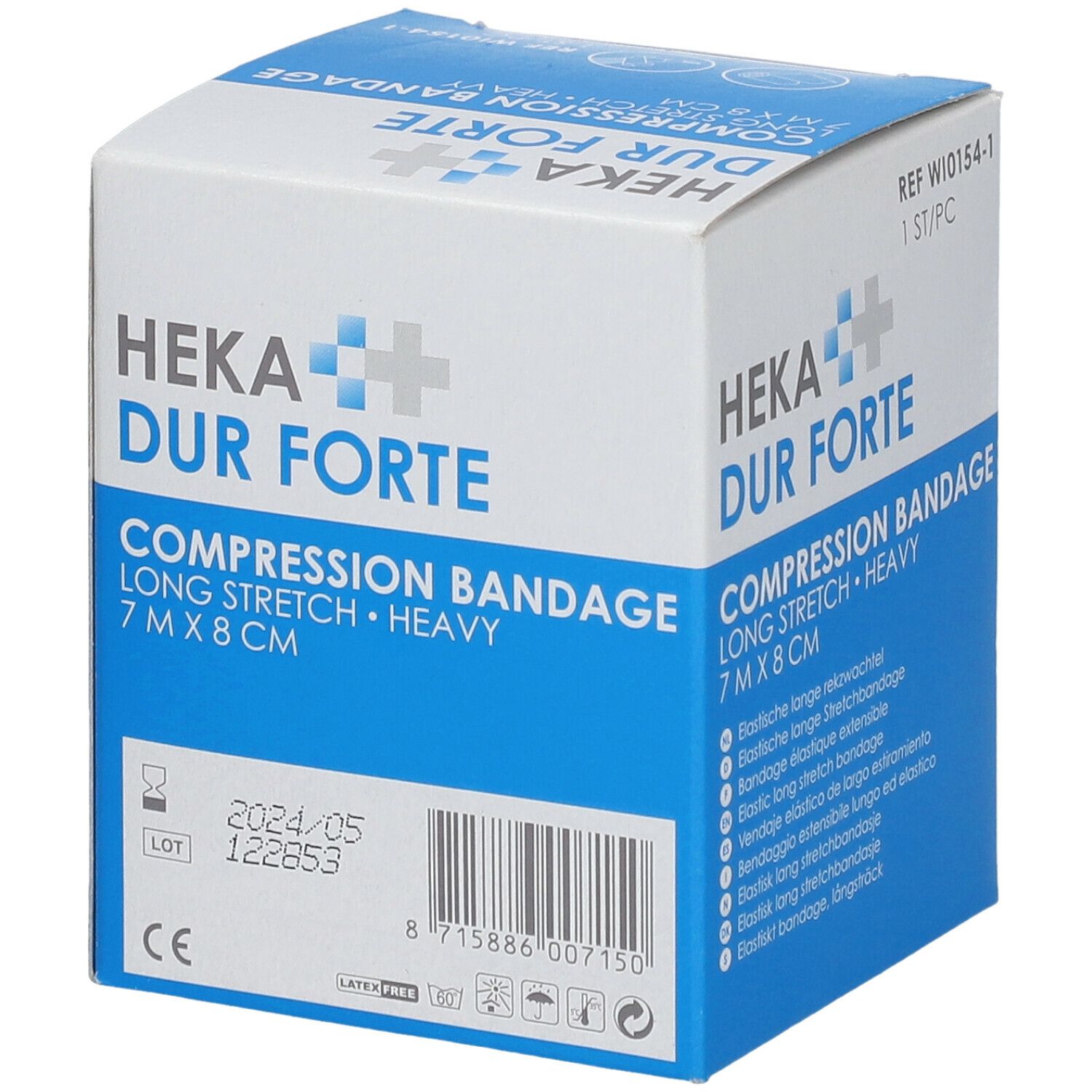 Heka Dur Forte compressieverband. 7x8 cm. Lange rek. Zwaar. Verpakking met batchnummer en CE-markering.