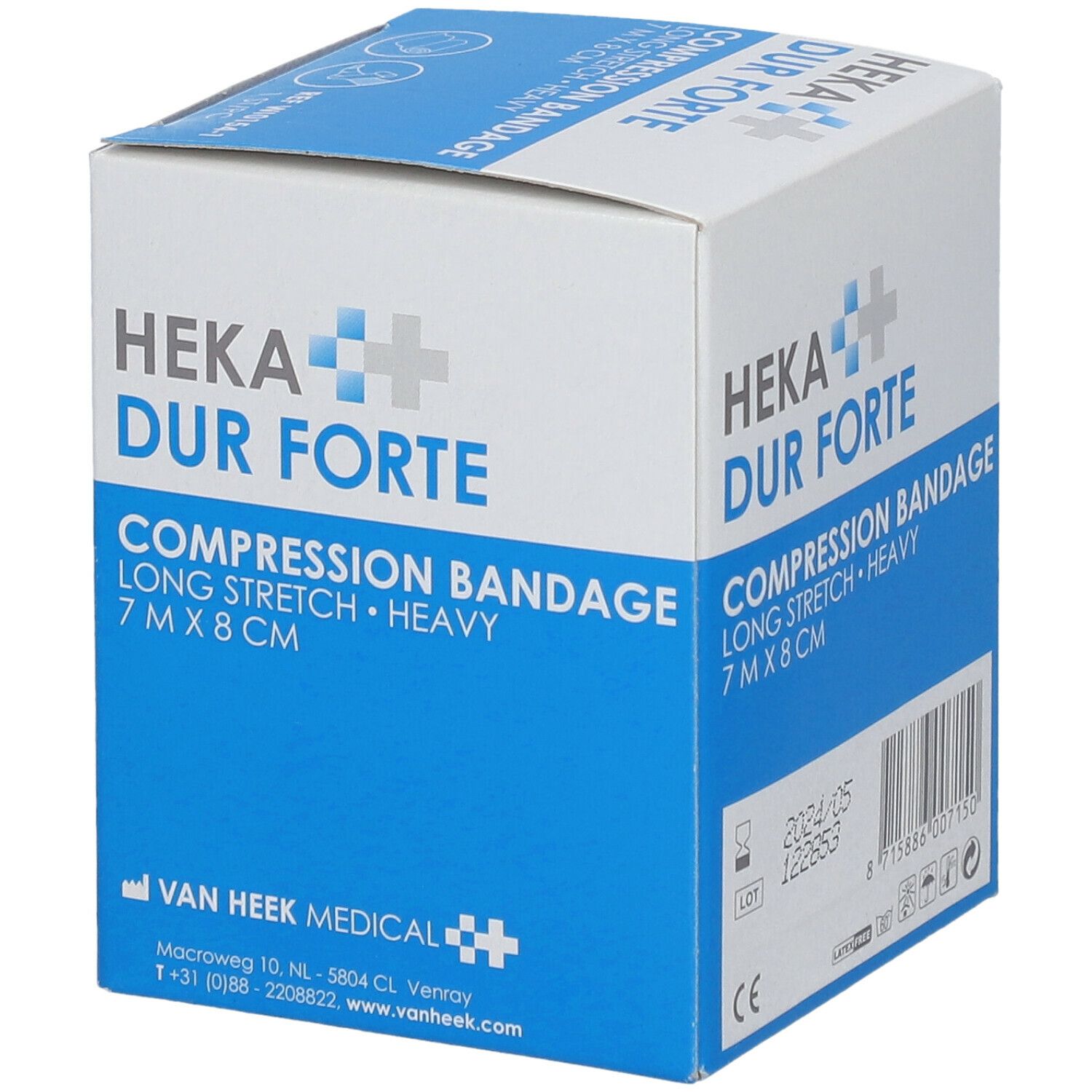 Heka Dur Forte compressieverband. 7x8 cm. Lange rek. Zwaar. Verpakking met logo van Van Heek Medical.
