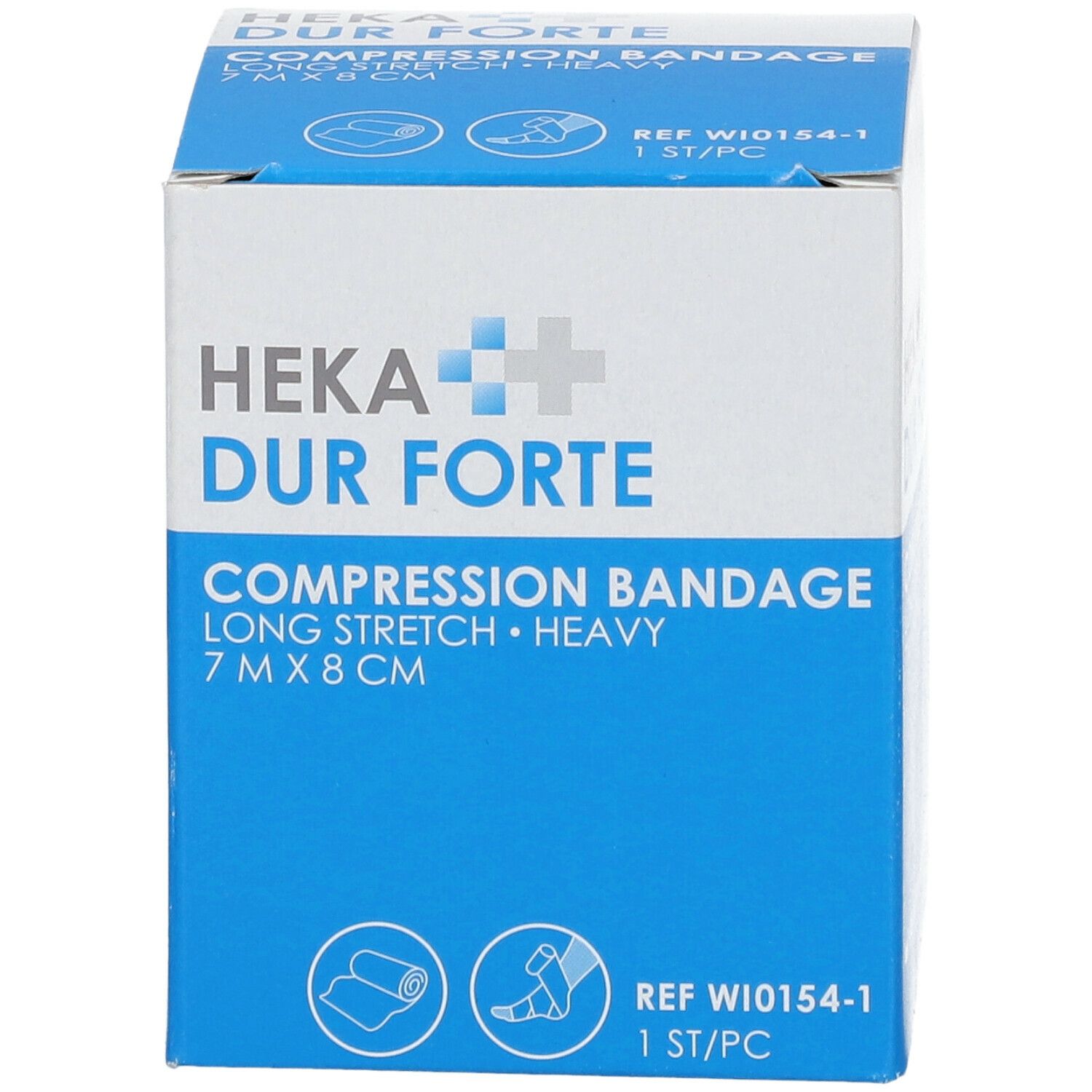 Heka Dur Forte compressieverband. 7x8 cm. Lange rek. Zwaar. Verpakking met productafbeelding.