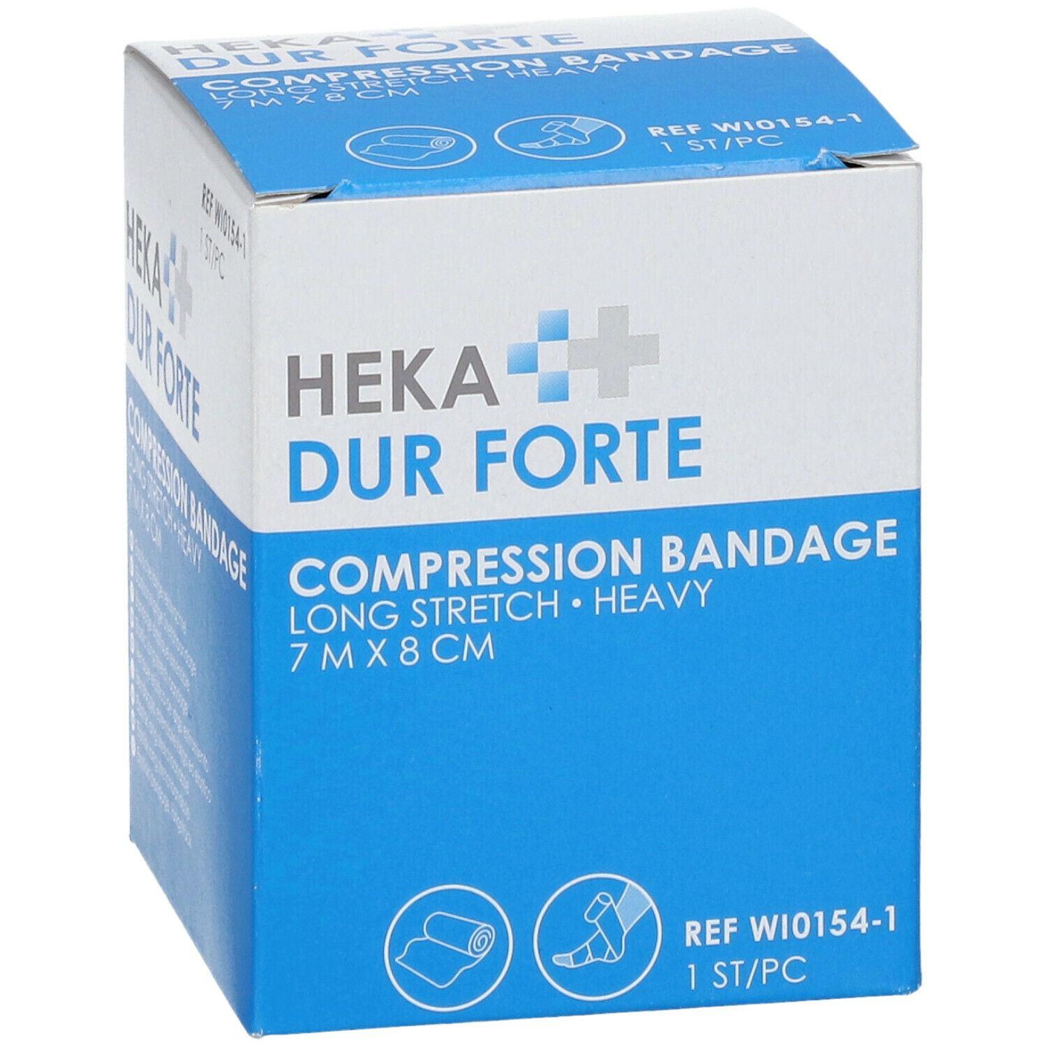 Heka Dur Forte compressieverband. 7x8 cm. Lange rek. Zwaar. Verpakking met productafbeelding.