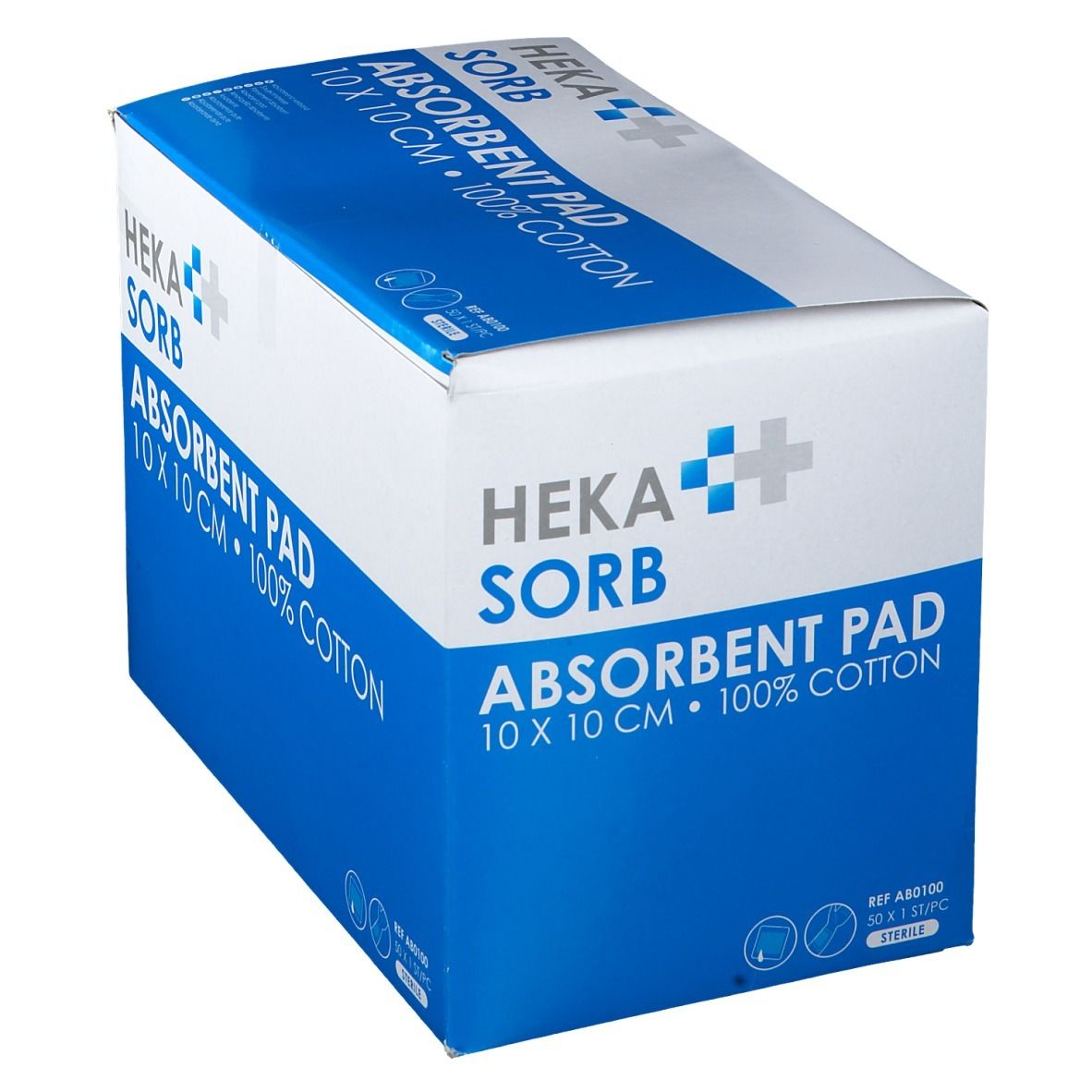 Boîte de pansements absorbants HEKA SORB. Inscription : 10 x 10 cm, 100% coton. Emballage bleu et blanc.