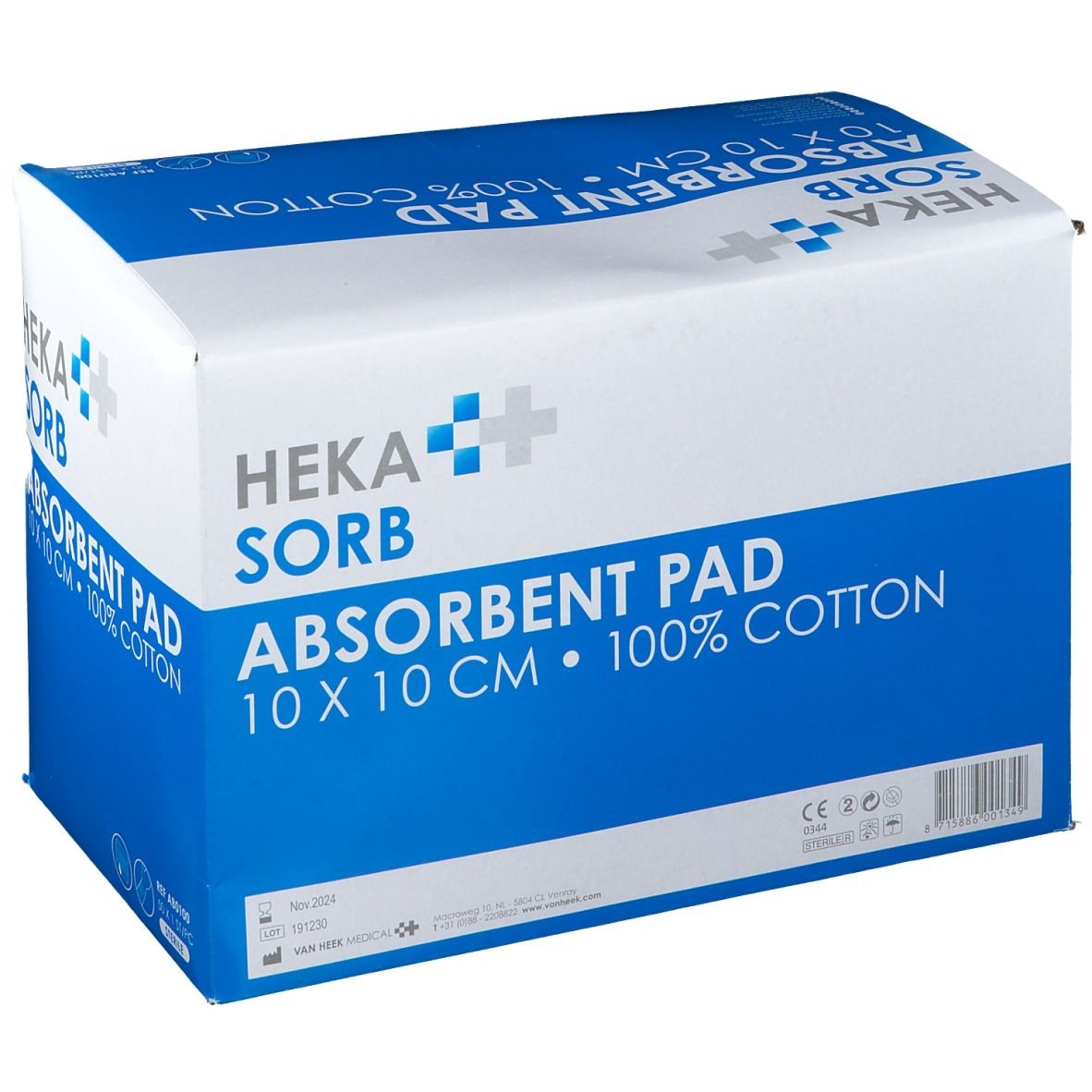 Boîte de pansements absorbants HEKA SORB. Inscription : 10 x 10 cm, 100% coton. Emballage bleu et blanc.