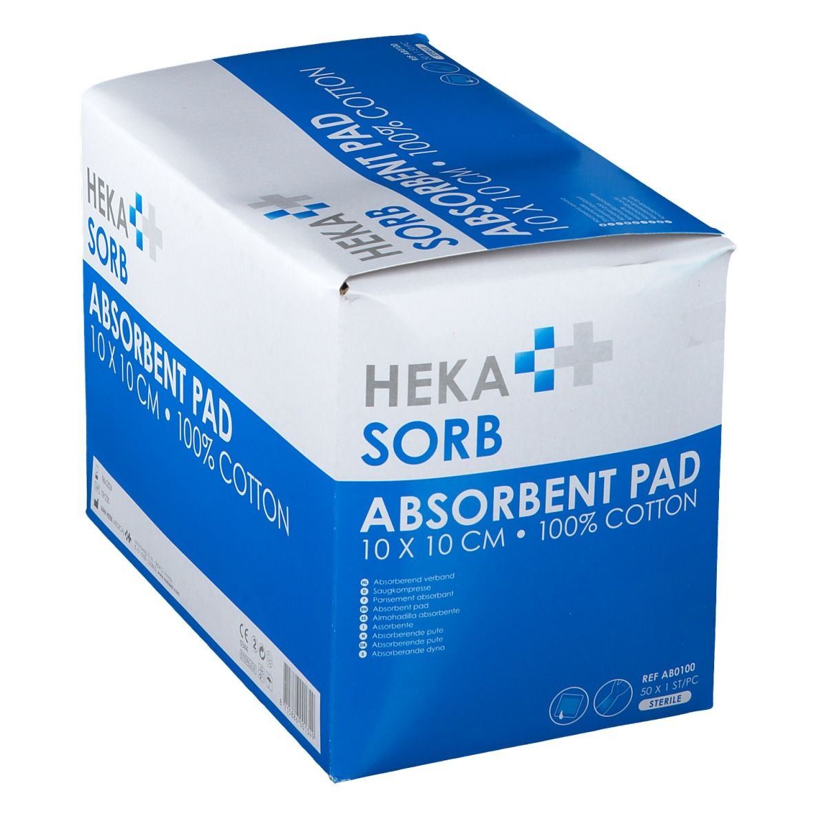 Boîte de pansements absorbants HEKA SORB. Inscription : 10 x 10 cm, 100% coton. Emballage bleu et blanc.