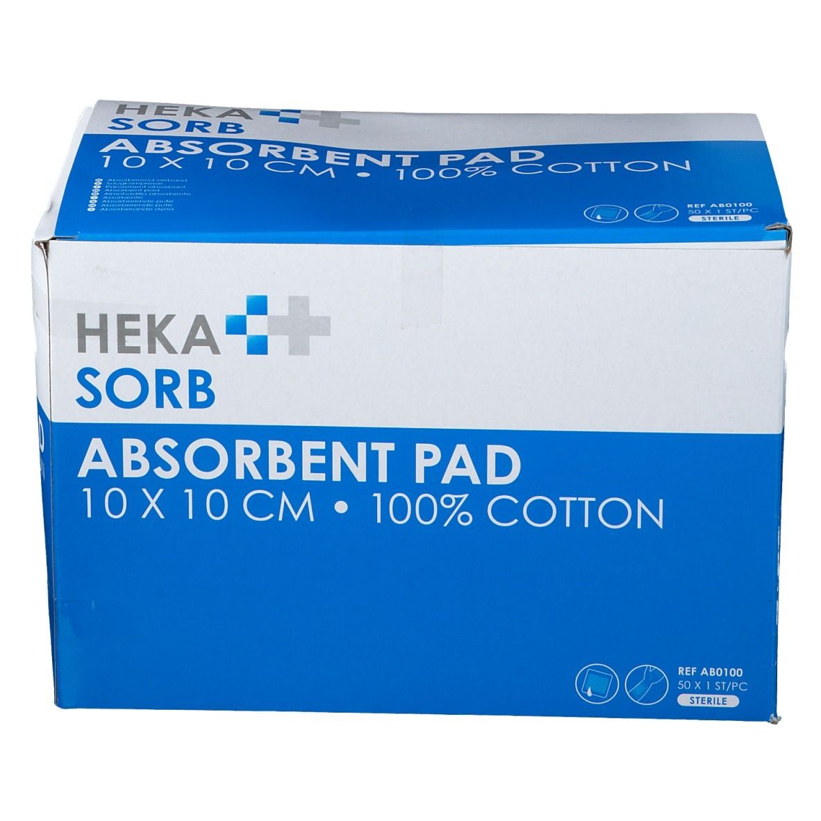 Boîte de pansements absorbants HEKA SORB. Inscription : 10 x 10 cm, 100% coton. Emballage bleu et blanc.