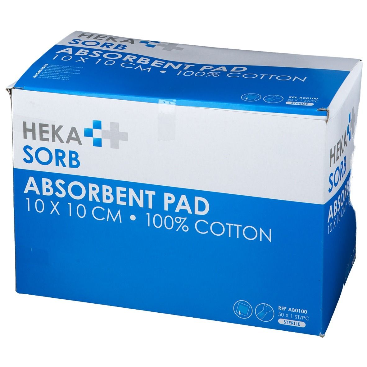 Boîte de pansements absorbants HEKA SORB. Inscription : 10 x 10 cm, 100% coton. Emballage bleu et blanc.