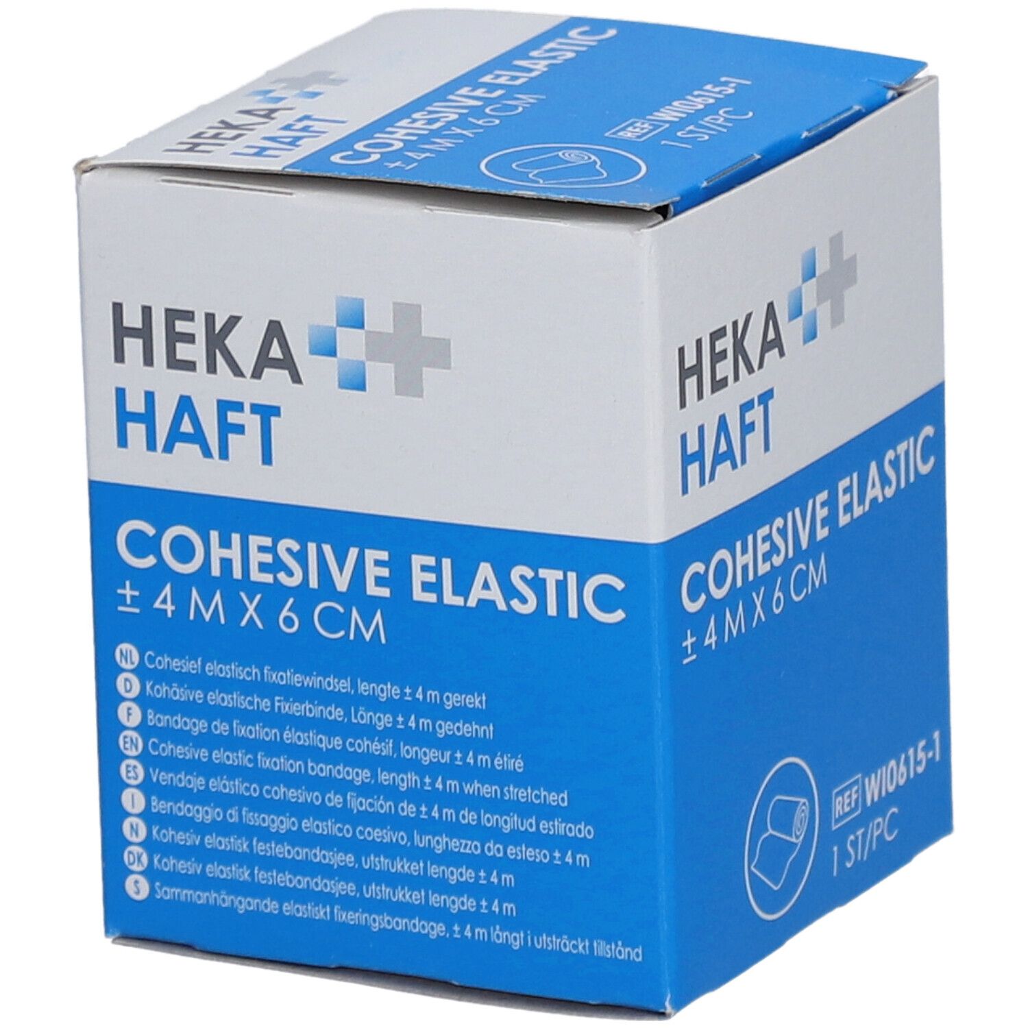Emballage de HEKA HAFT Cohesive Elastic. Texte multilingue. Taille : ±4 M X 6 CM. Contient 1 pièce. Avec logo et informations produit.