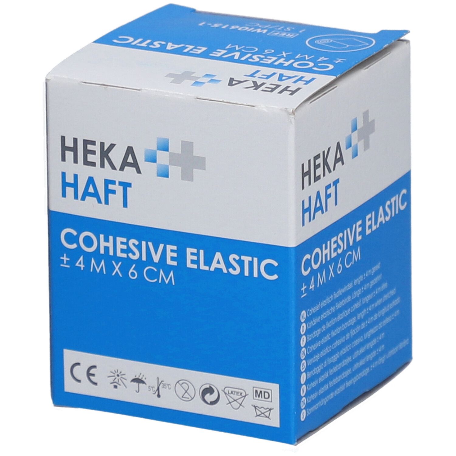 Emballage de HEKA HAFT Cohesive Elastic. Taille : ±4 M X 6 CM. Avec logos et certifications. Contient 1 pièce. Informations produit.