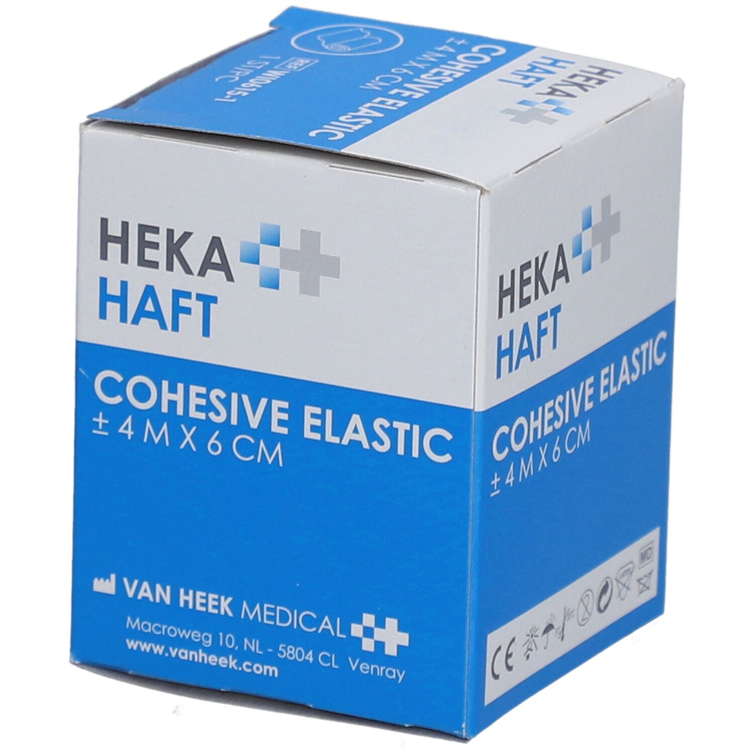 Boîte bleue et blanche de HEKA HAFT Cohesive Elastic. Taille : ±4 M X 6 CM. Avec logo et coordonnées. Contient 1 pièce.