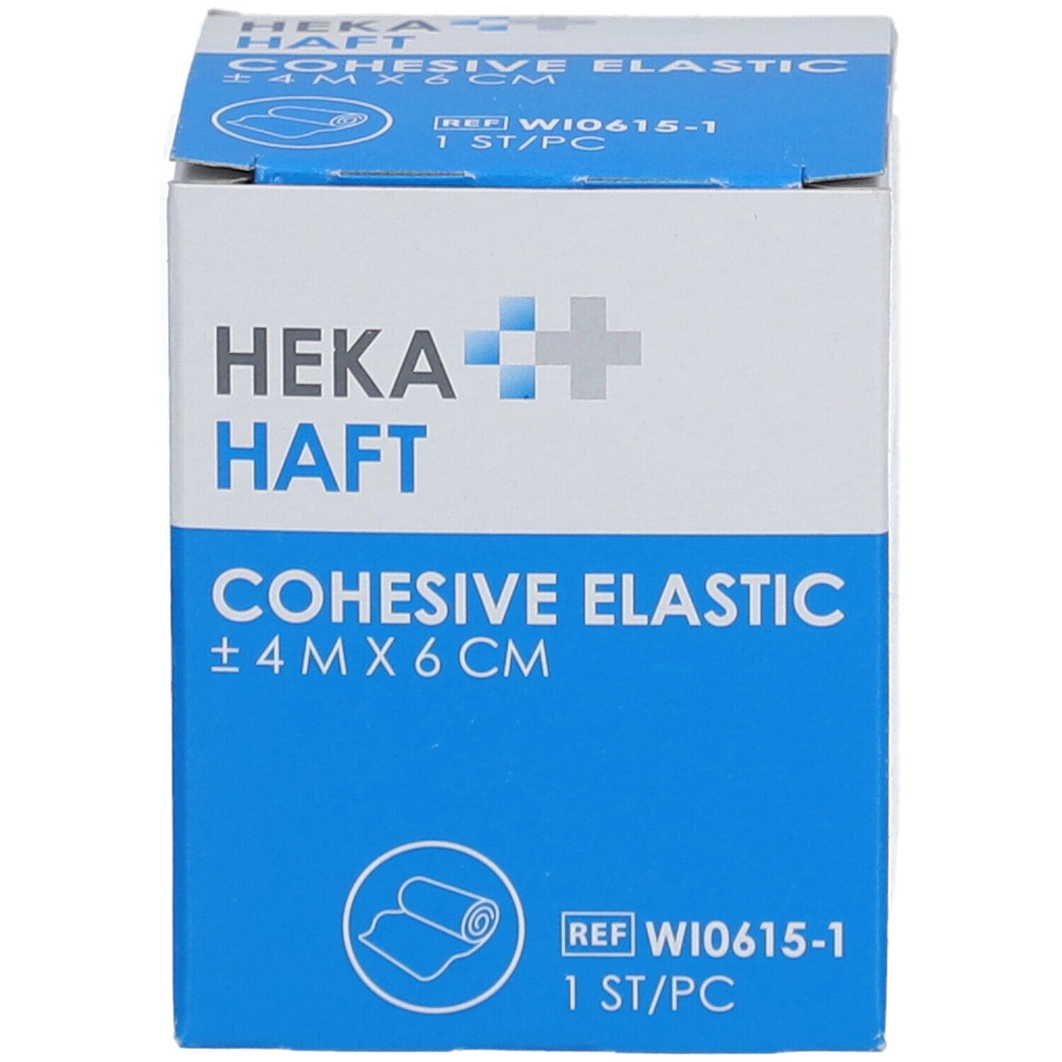 Boîte bleue et blanche de HEKA HAFT Cohesive Elastic. Taille : ±4 M X 6 CM. Contient 1 pièce. Avec logo et informations produit.