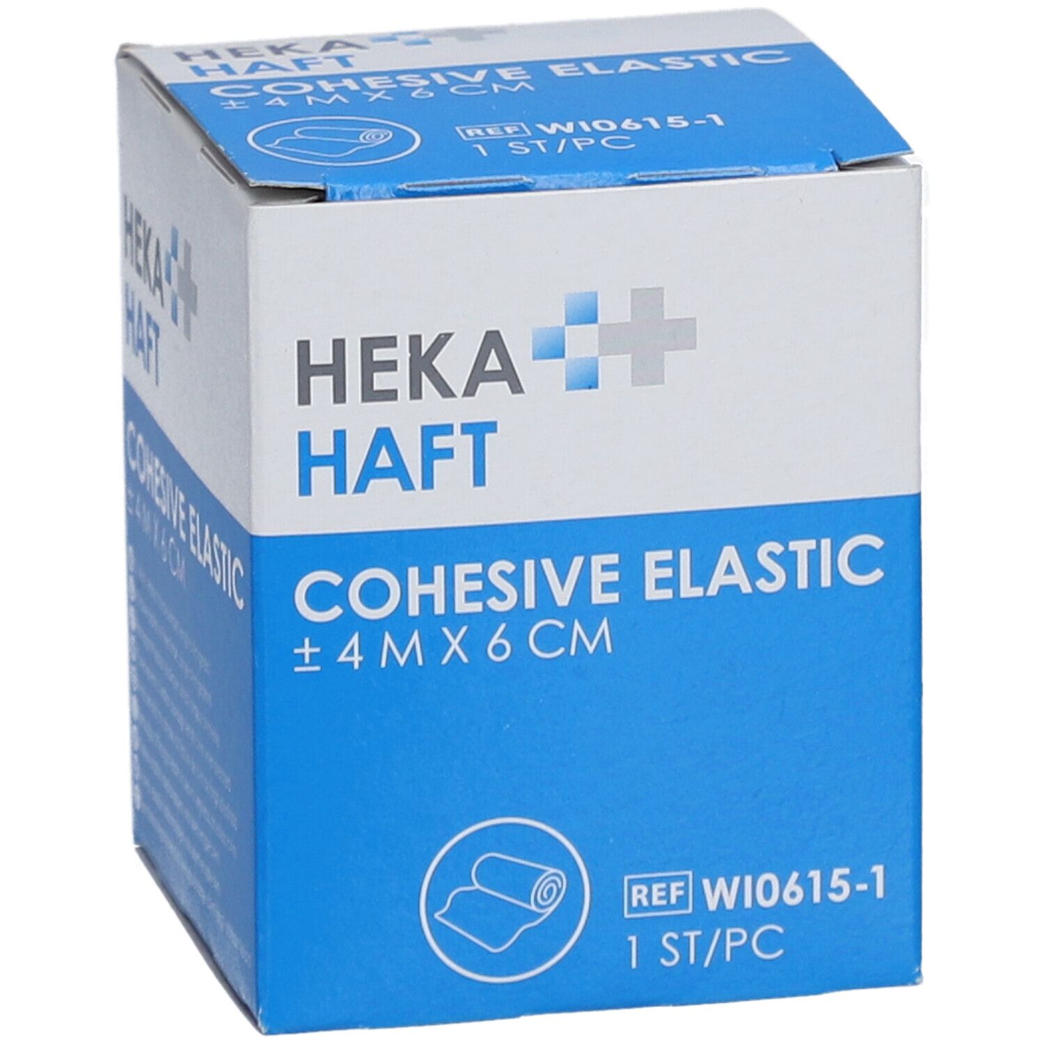 Emballage de HEKA HAFT Cohesive Elastic. Taille : ±4 M X 6 CM. Contient 1 pièce. Avec logo et informations produit.