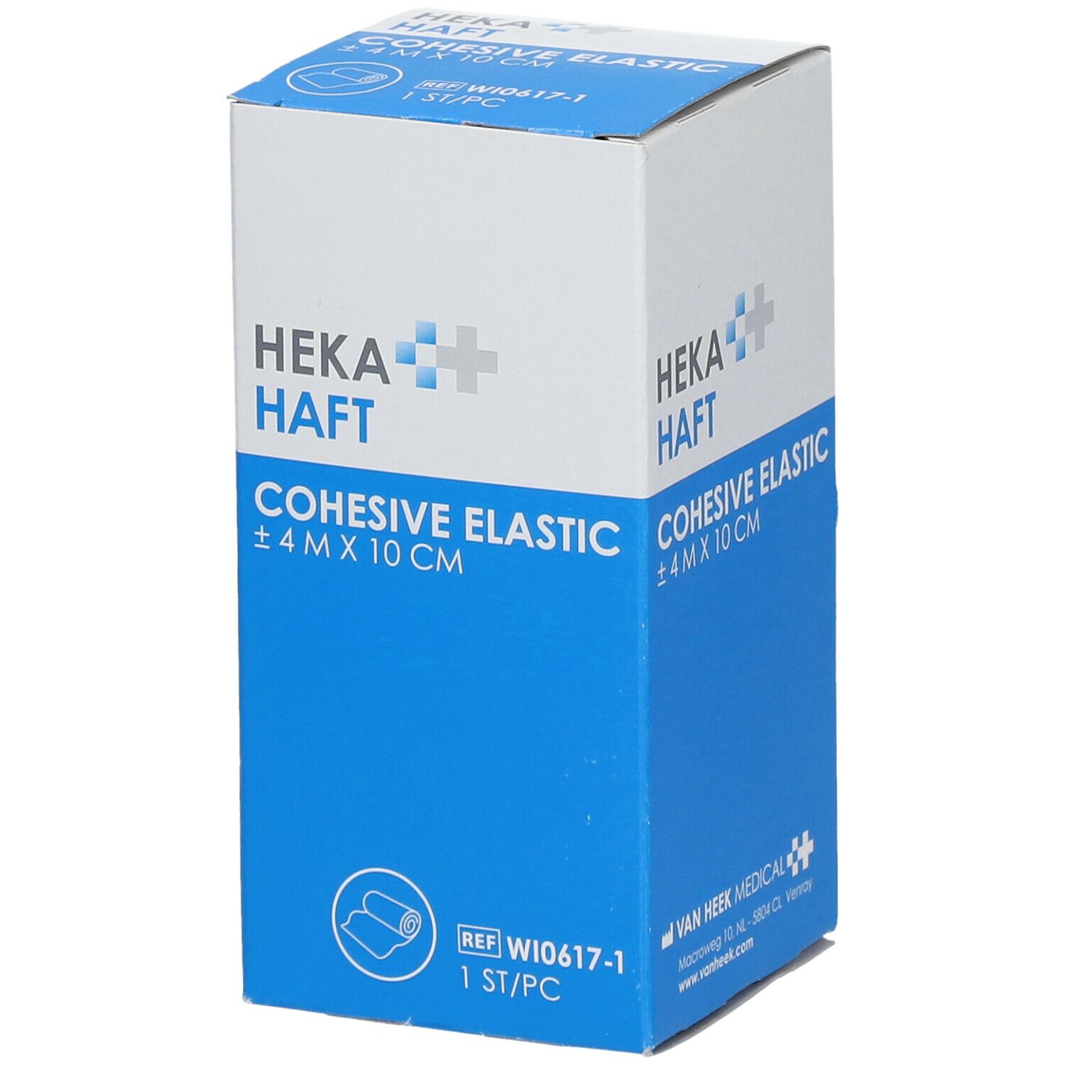Blauw-witte verpakking van HEKA HAFT Cohesive Elastic. Opschrift: ± 4 m x 10 cm. Bevat een rol. Referentienummer W10617-1.