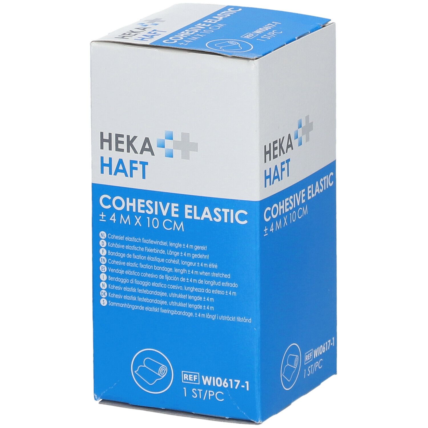 Blauw-witte verpakking van HEKA HAFT Cohesive Elastic. Meertalige tekst. Opschrift: ± 4 m x 10 cm. Referentienummer W10617-1.
