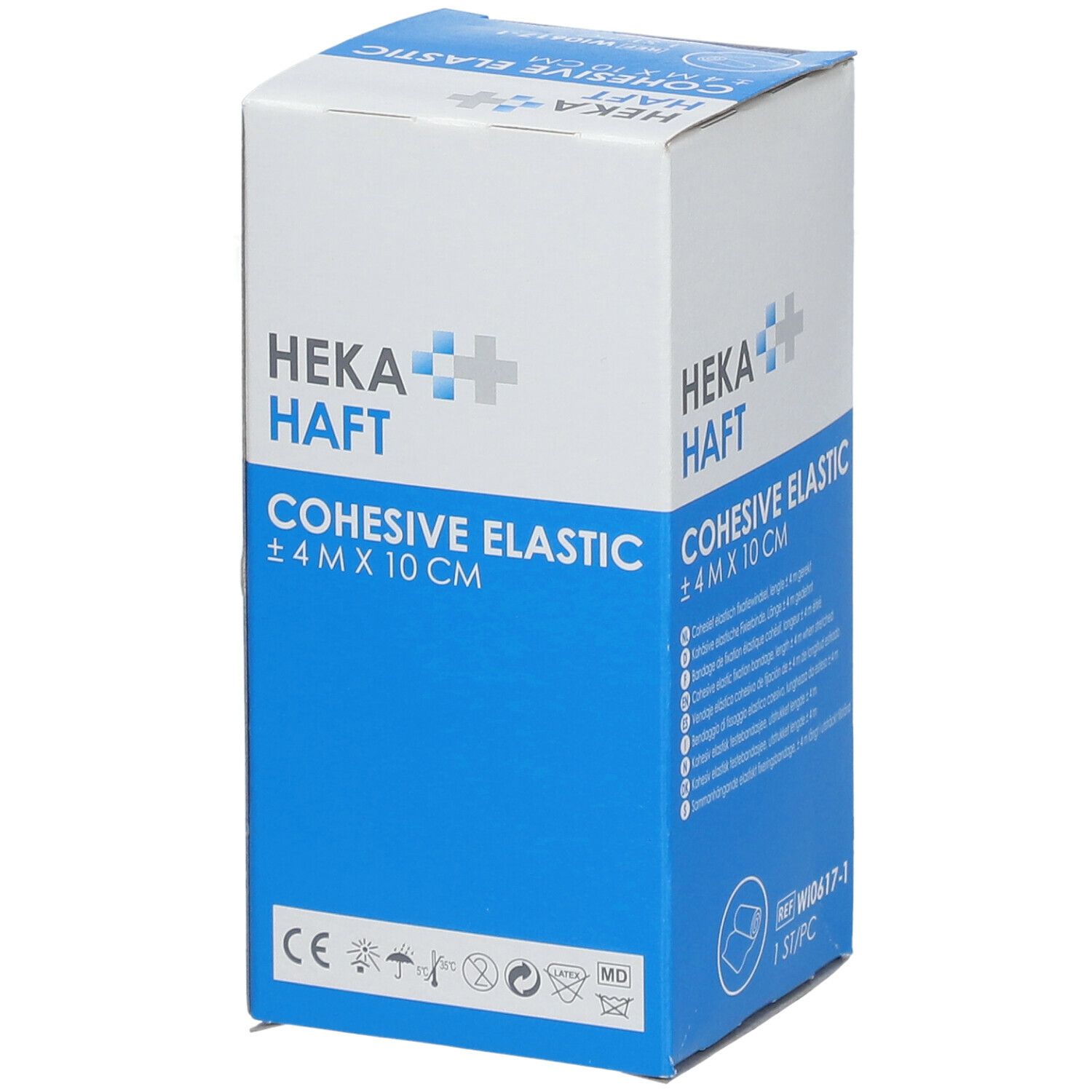 Blauw-witte verpakking van HEKA HAFT Cohesive Elastic. Opschrift: ± 4 m x 10 cm. Met CE-markering. Referentienummer W10617-1.