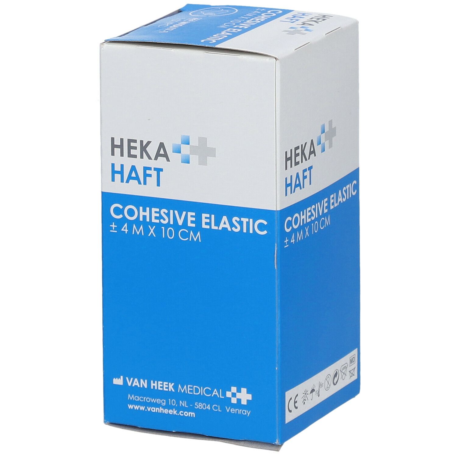 Blauw-witte verpakking van HEKA HAFT Cohesive Elastic. Opschrift: ± 4 m x 10 cm. Met adres van Van Heek Medical. Ref. W10617-1.