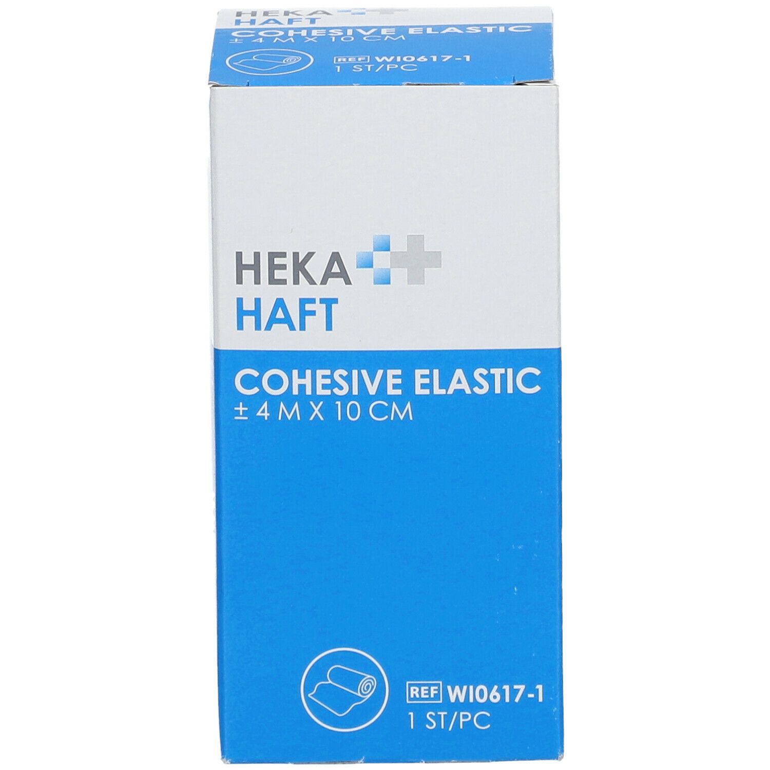 Blauw-witte verpakking van HEKA HAFT Cohesive Elastic. Opschrift: ± 4 m x 10 cm. Referentienummer W10617-1. 1 stuk.