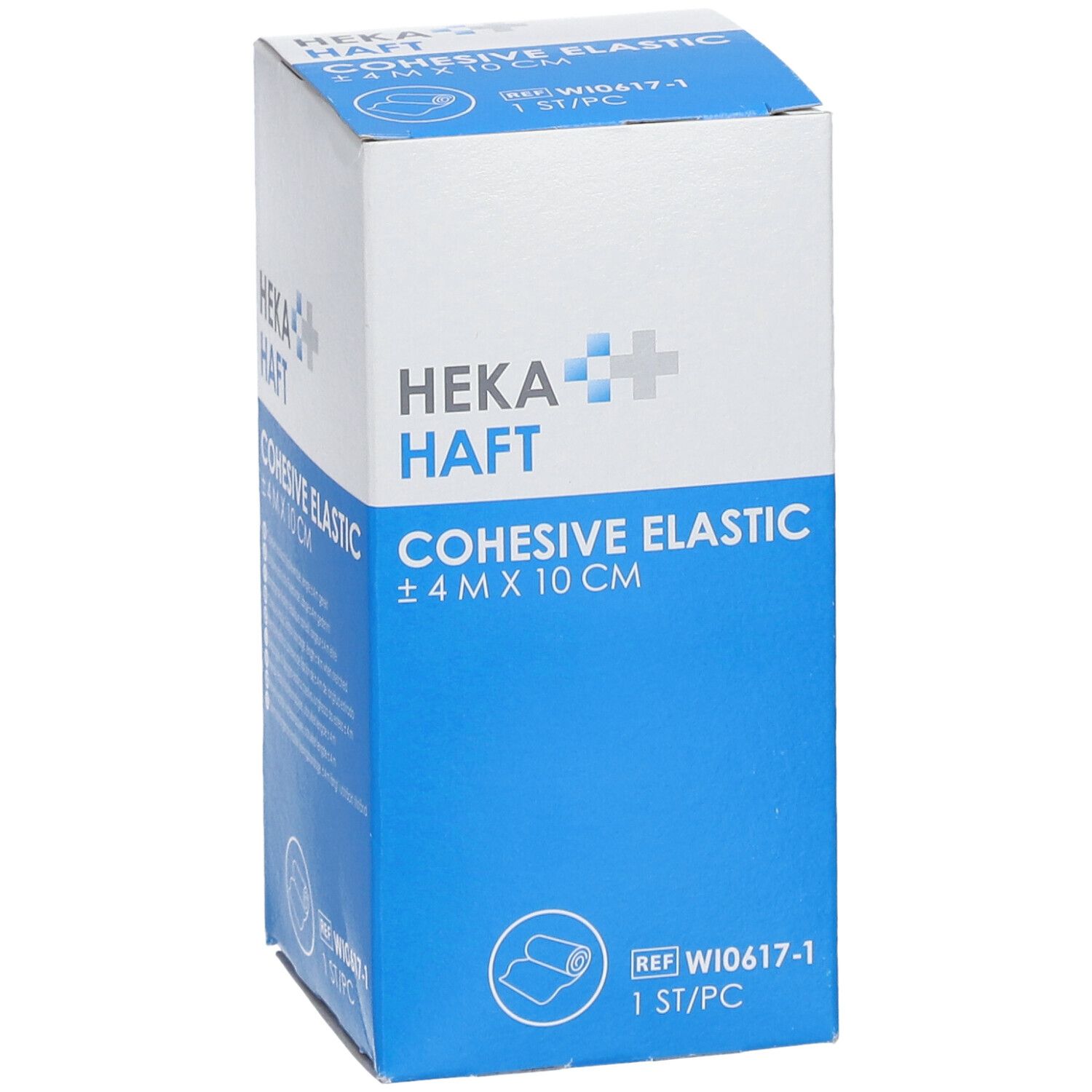 Blauw-witte verpakking van HEKA HAFT Cohesive Elastic. Opschrift: ± 4 m x 10 cm. Referentienummer W10617-1. 1 stuk.