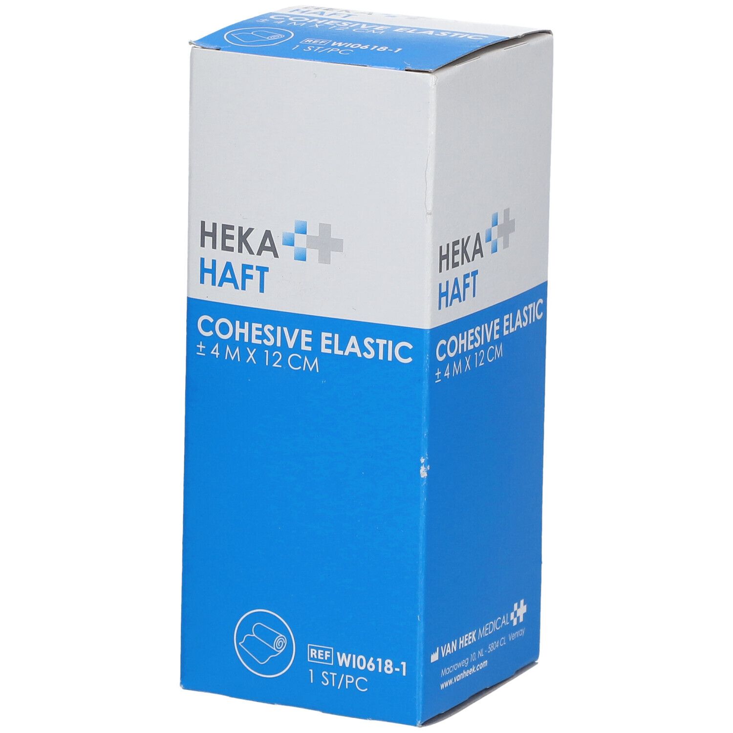 Blauw-witte verpakking van HEKA HAFT Cohesive Elastic. Opschrift: ±4 M X 12 CM. Bevat 1 stuk.
