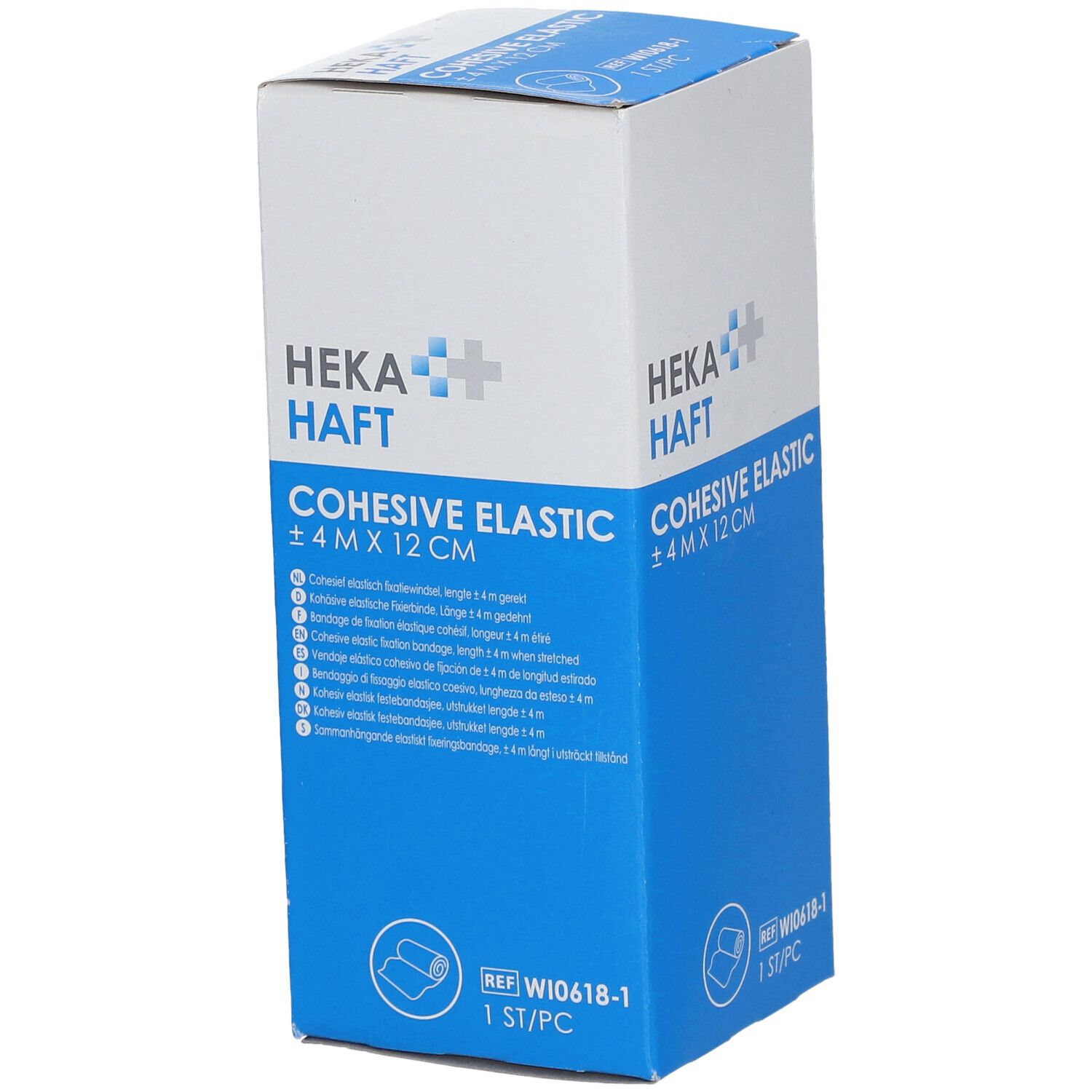 Blauw-witte verpakking van HEKA HAFT Cohesive Elastic. Opschrift: ±4 M X 12 CM. Bevat 1 stuk. Meertalige tekst.