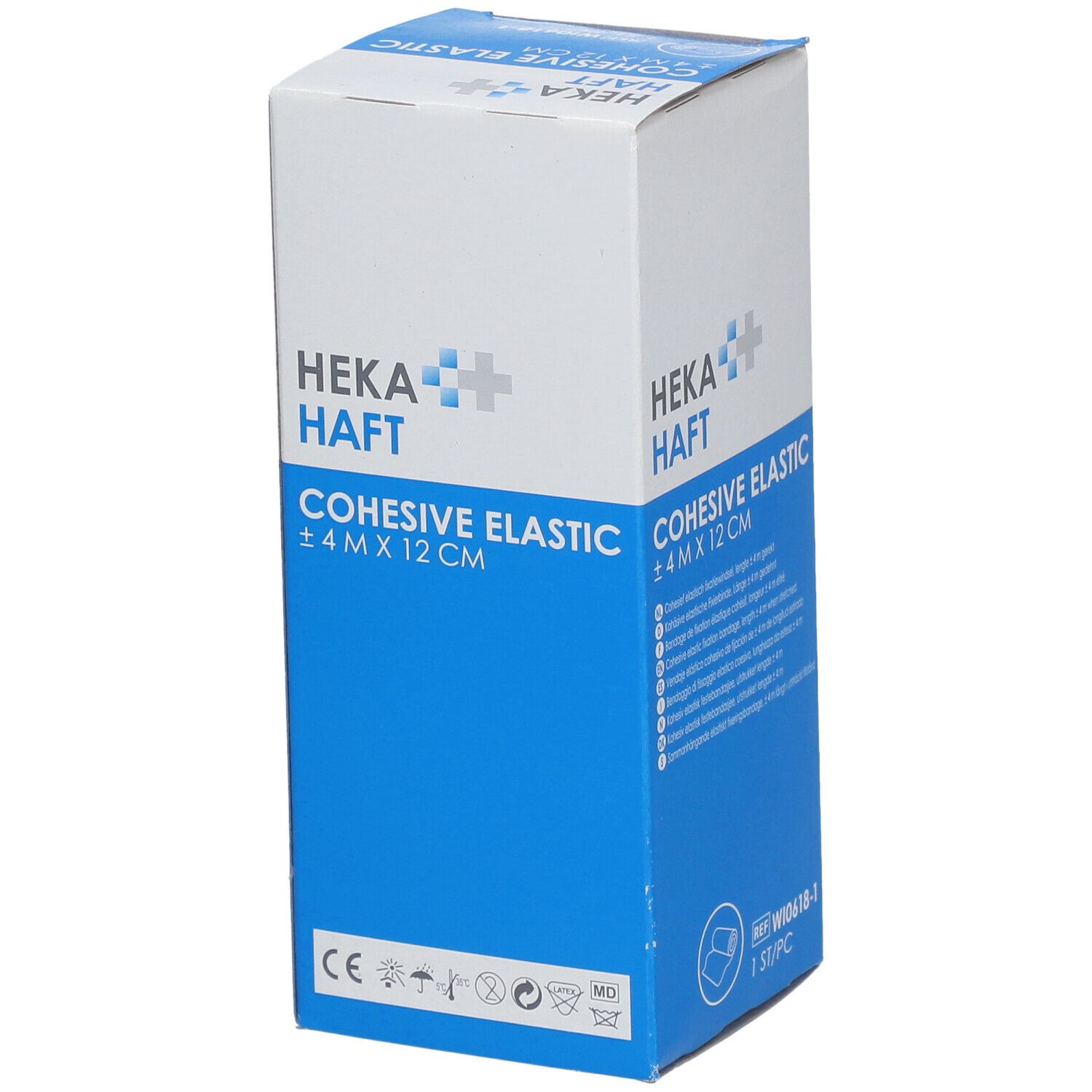 Blauw-witte verpakking van HEKA HAFT Cohesive Elastic. Opschrift: ±4 M X 12 CM. Bevat 1 stuk. Met symbolen.