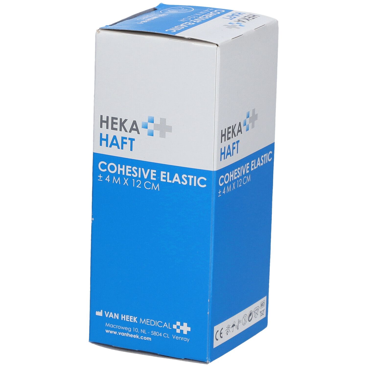 Blauw-witte verpakking van HEKA HAFT Cohesive Elastic. Opschrift: ±4 M X 12 CM. Bevat 1 stuk. Met adres.