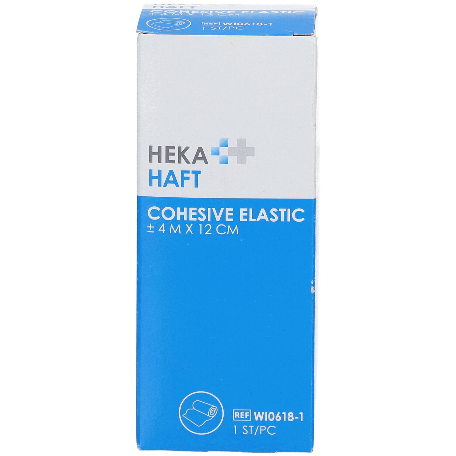 Blauw-witte verpakking van HEKA HAFT Cohesive Elastic. Opschrift: ±4 M X 12 CM. Bevat 1 stuk.