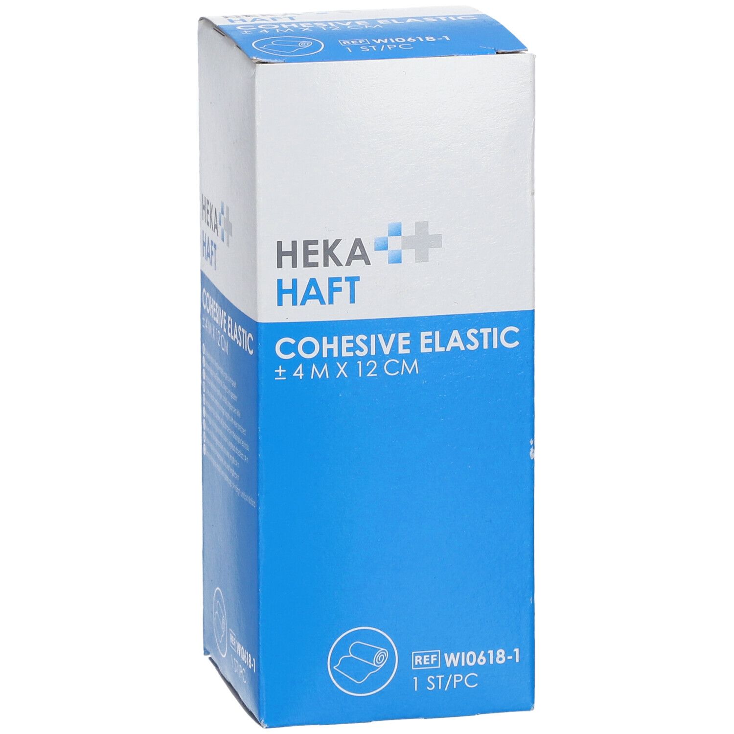 Blauw-witte verpakking van HEKA HAFT Cohesive Elastic. Opschrift: ±4 M X 12 CM. Bevat 1 stuk.