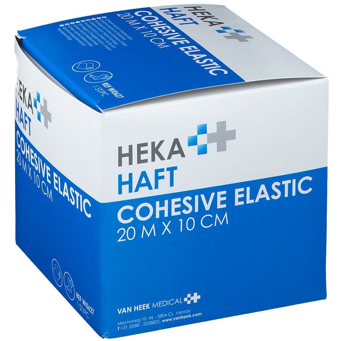 Verpakking van HEKA HAFT Cohesive Elastic, 20 m x 10 cm. Logo en informatie op blauw-witte kartonnen doos.