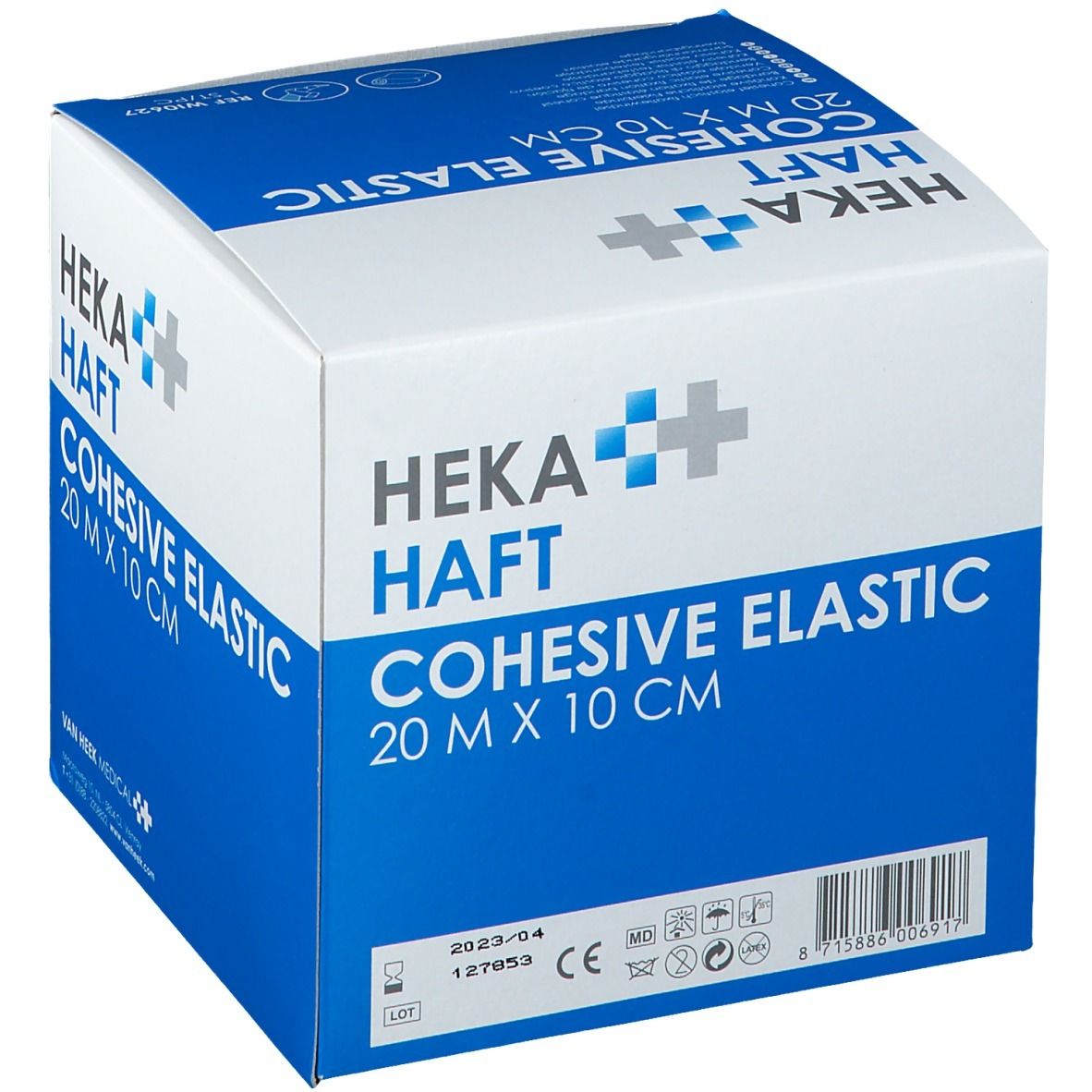 HEKA HAFT Cohesive Elastic, 20 m x 10 cm, in blauw-witte verpakking. Productinfo en CE-markering zichtbaar.
