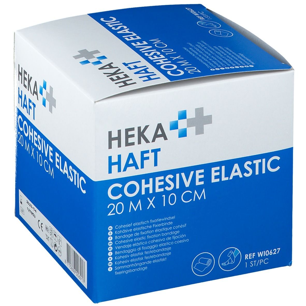 Blauw-witte verpakking van HEKA HAFT Cohesive Elastic, 20 m x 10 cm. Productnaam, afmetingen en pictogrammen.