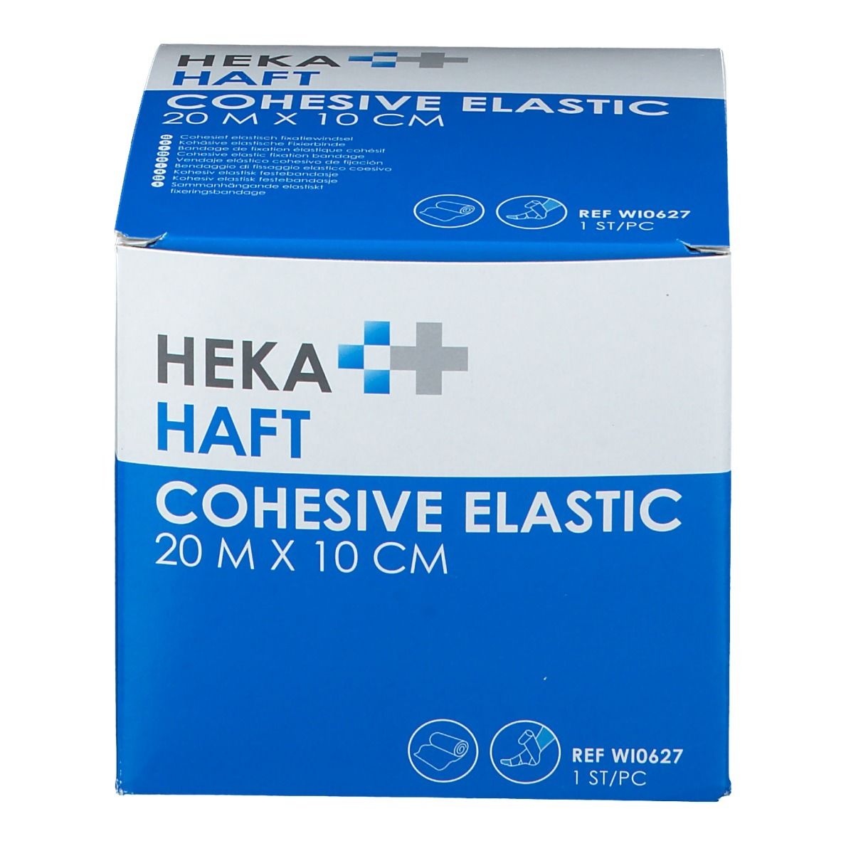 Verpakking van HEKA HAFT Cohesive Elastic, 20 m x 10 cm. Blauw-wit ontwerp met productinformatie.