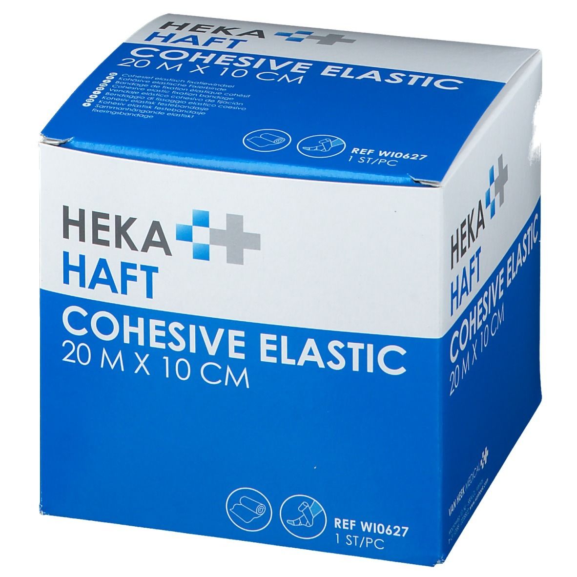 Blauw-witte verpakking van HEKA HAFT Cohesive Elastic, 20 m x 10 cm. Productnaam en afmetingen duidelijk zichtbaar.