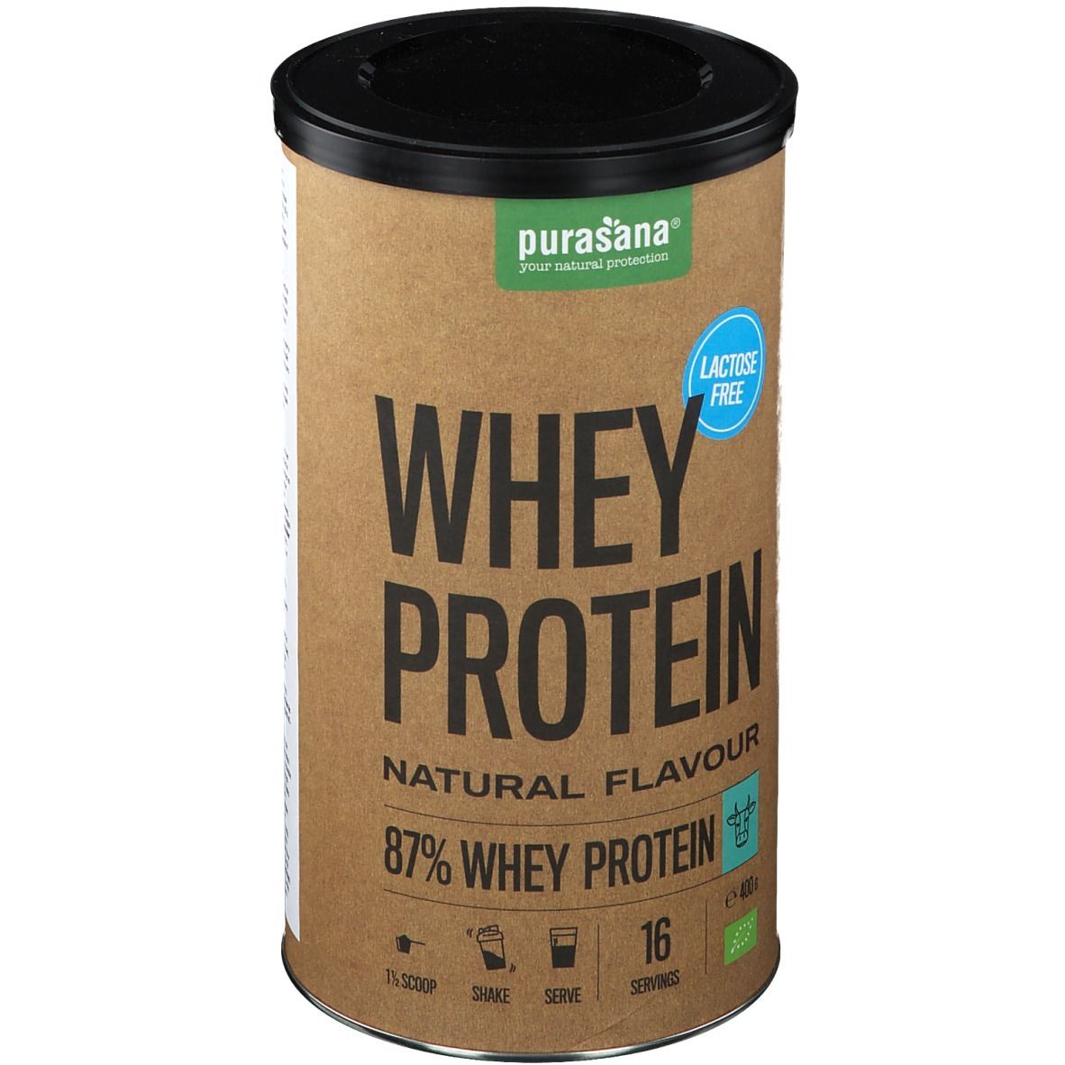 Bruine pot met zwart deksel. Opschrift: Whey Protein, Natural Flavour, 87% Whey Protein, lactosevrij. Bio-keurmerk.