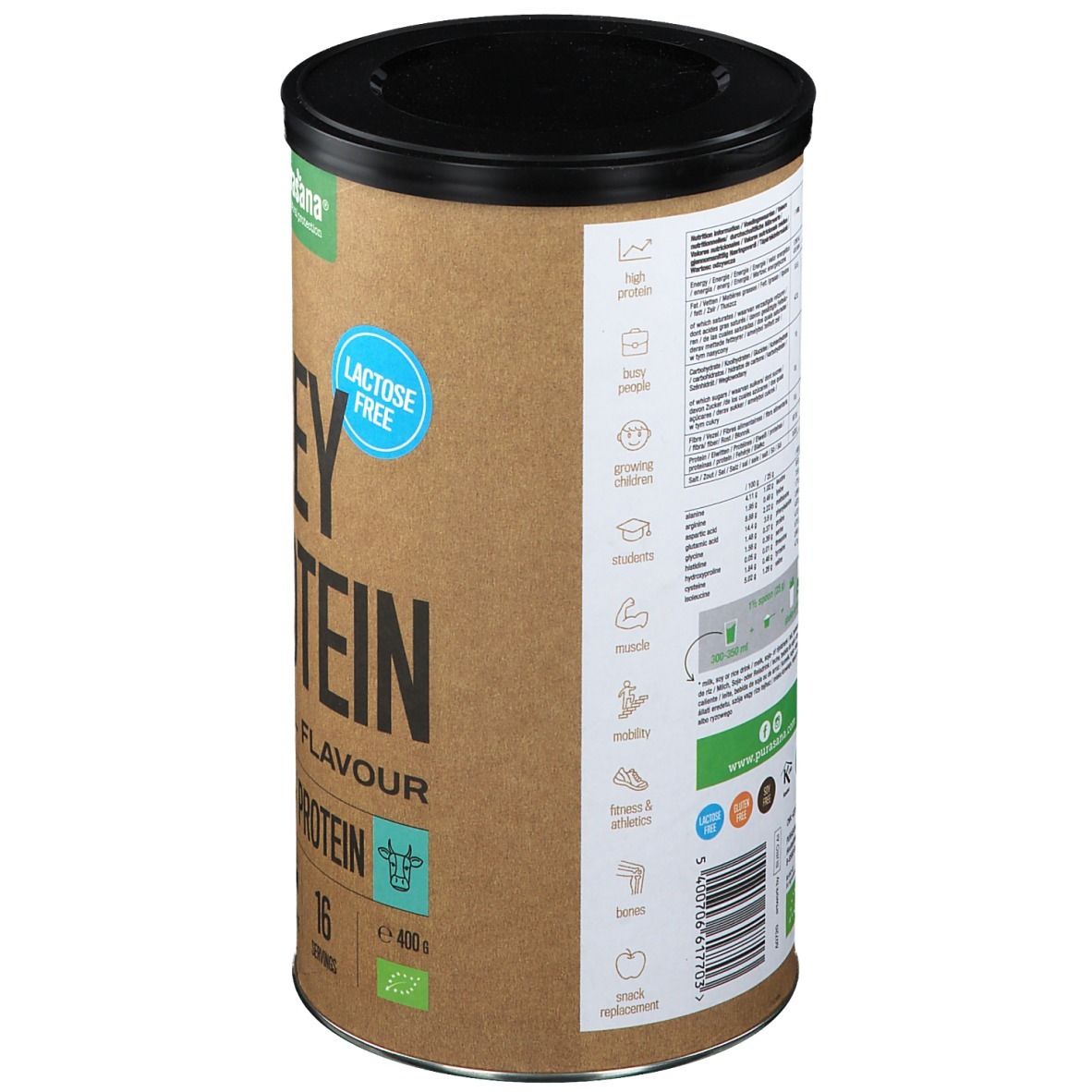 Bruine pot met zwart deksel. Opschrift: Whey Protein, lactosevrij. Achterkant met voedingswaarde en bio-keurmerk.