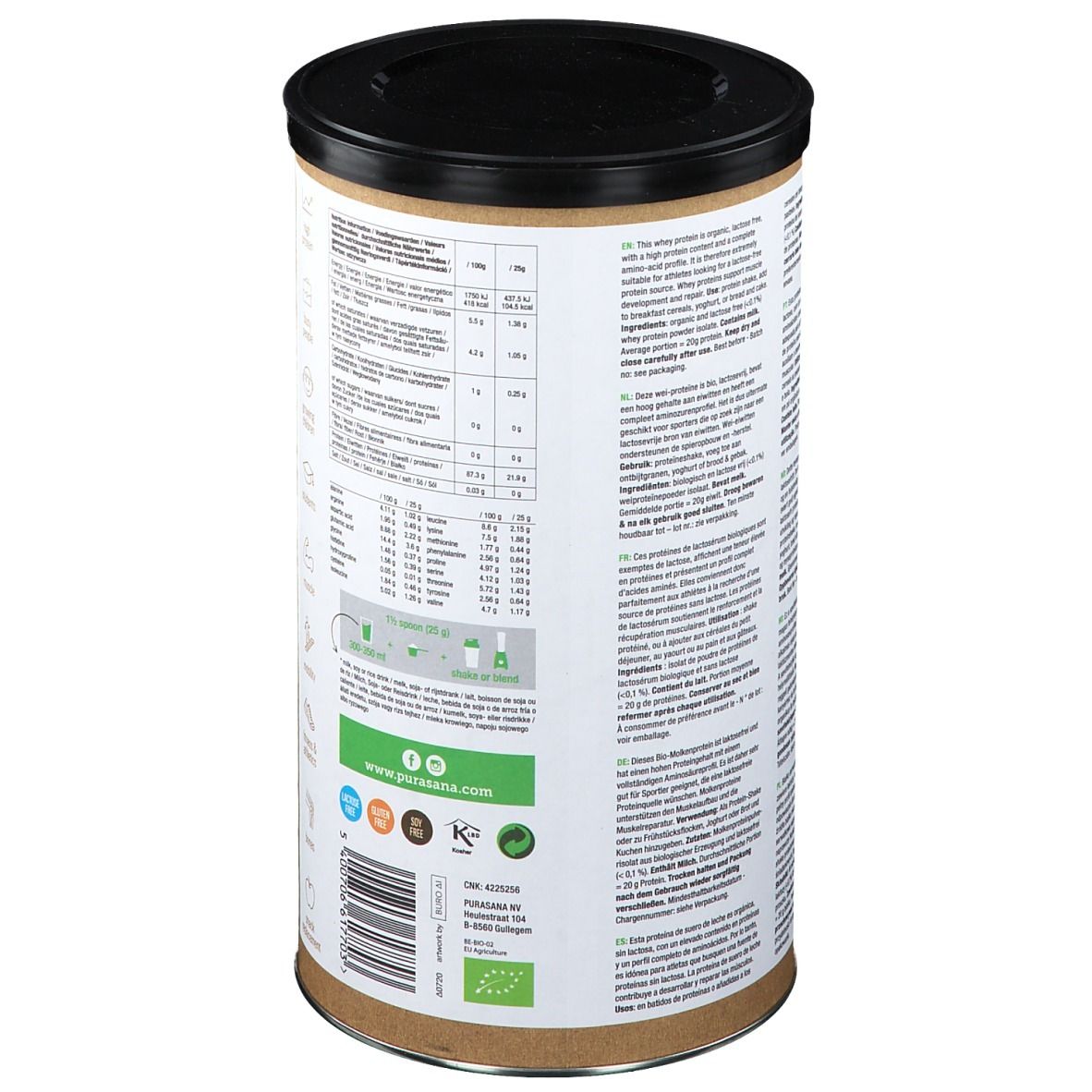 Bruine pot met zwart deksel. Achterkant met voedingswaarde, ingrediëntenlijst en bio-keurmerk. Tekst in meerdere talen.
