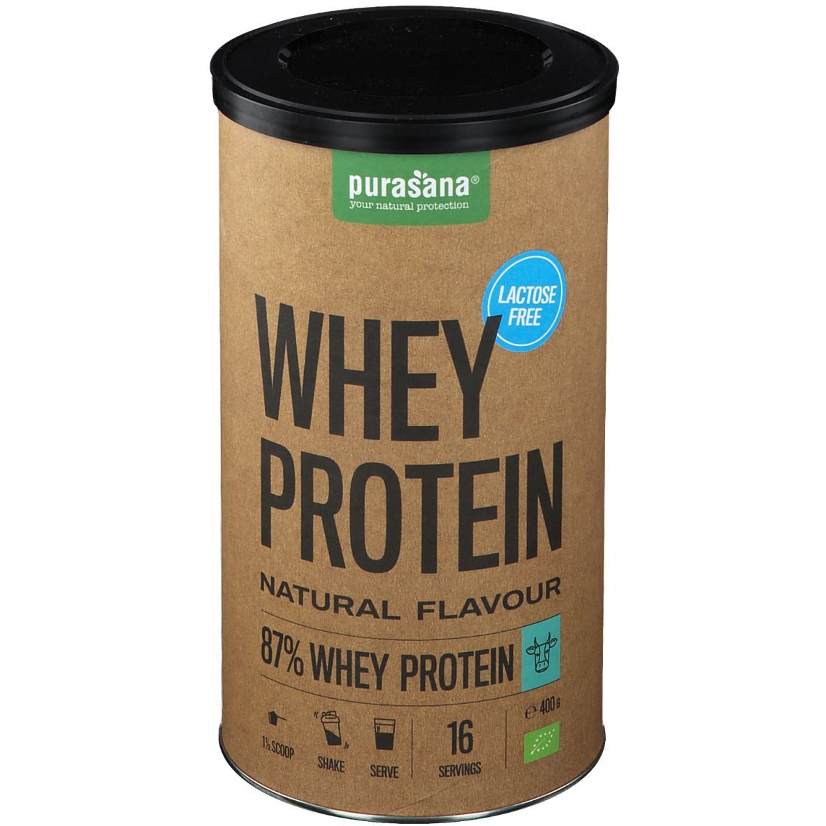 Bruine pot met zwart deksel. Opschrift: Whey Protein, Natural Flavour, 87% Whey Protein, lactosevrij. Bio-keurmerk.