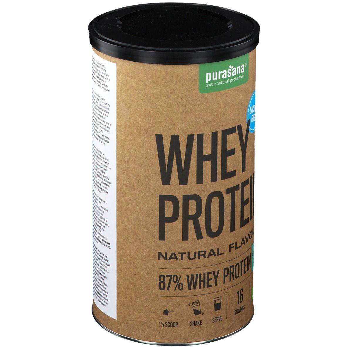 Bruine pot met zwart deksel. Opschrift: Whey Protein, Natural Flavour, 87% Whey Protein, lactosevrij. Bio-keurmerk.