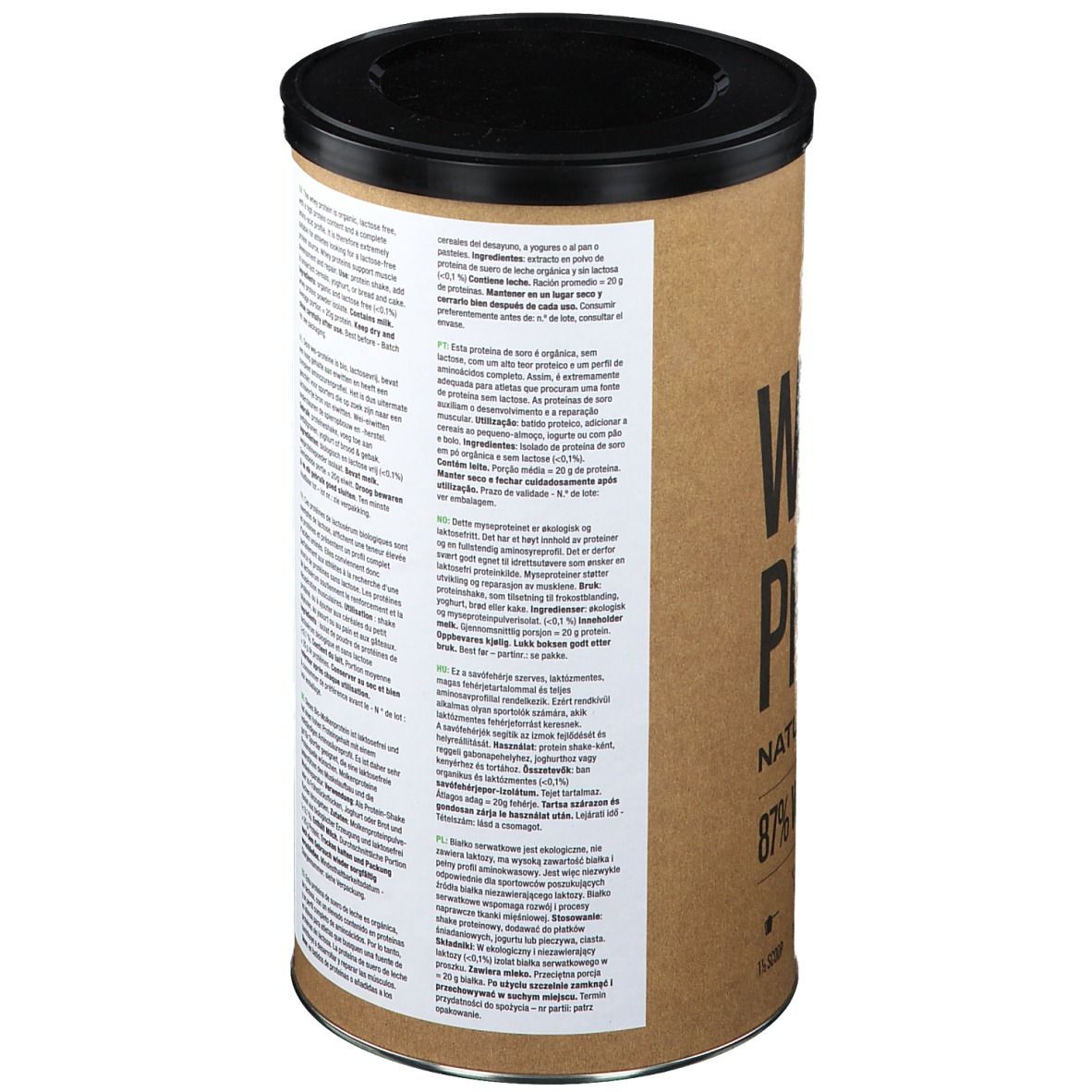 Bruine pot met zwart deksel. Achterkant met tekst in meerdere talen, voedingswaarde en bio-keurmerk.