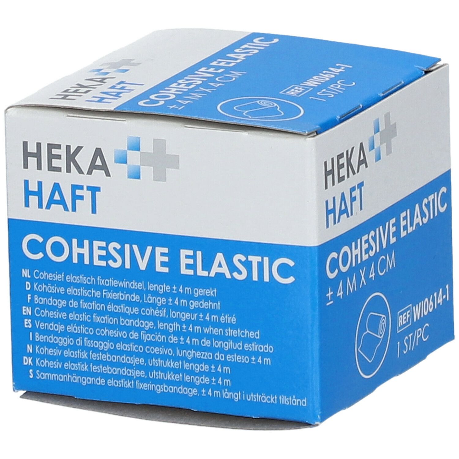 Blauw-witte verpakking met HEKA HAFT Cohesive Elastic. Opschrift: ±4 m x 4 cm. Meertalige teksten. 1 stuk.