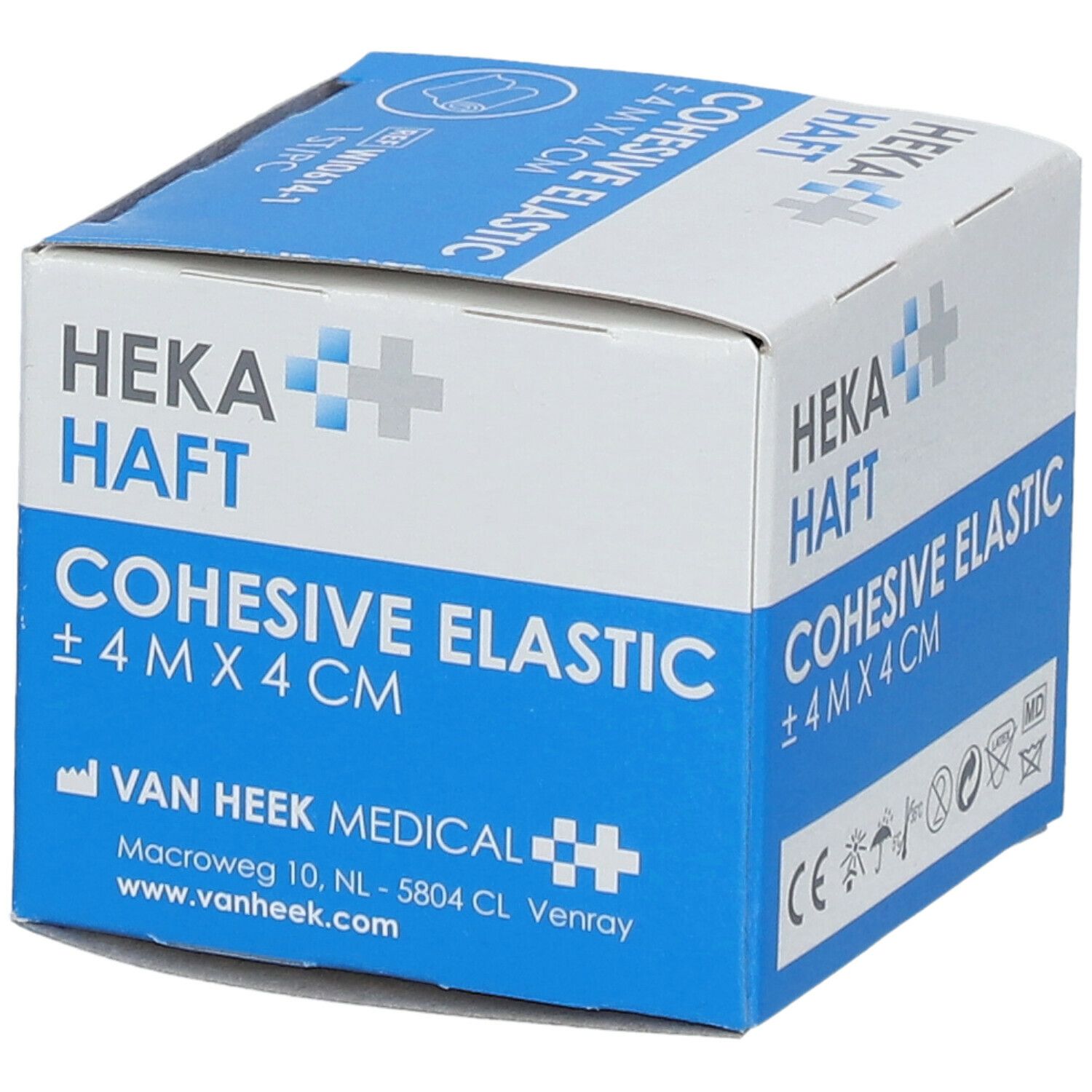 Blauw-witte verpakking met HEKA HAFT Cohesive Elastic. Opschrift: ±4 m x 4 cm. Van Heek Medical. 1 stuk.