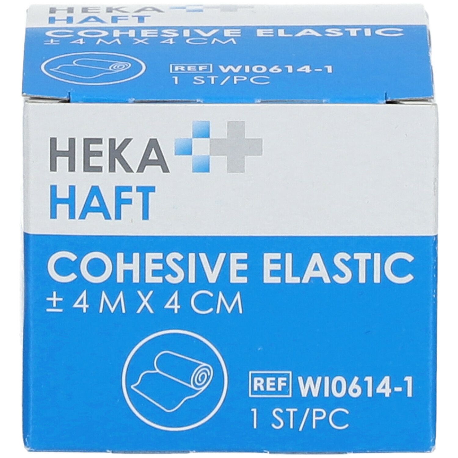 Blauw-witte verpakking met HEKA HAFT Cohesive Elastic. Opschrift: ±4 m x 4 cm. 1 stuk. Productafbeelding.