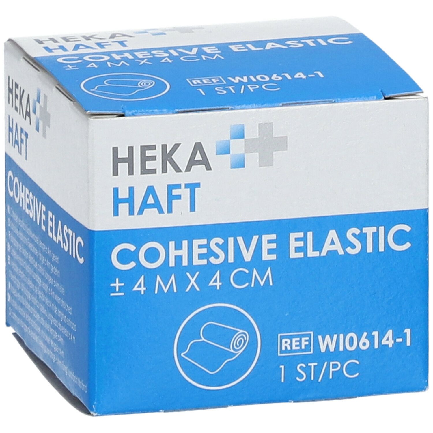 Blauw-witte verpakking met HEKA HAFT Cohesive Elastic. Opschrift: ±4 m x 4 cm. 1 stuk. Productafbeelding.