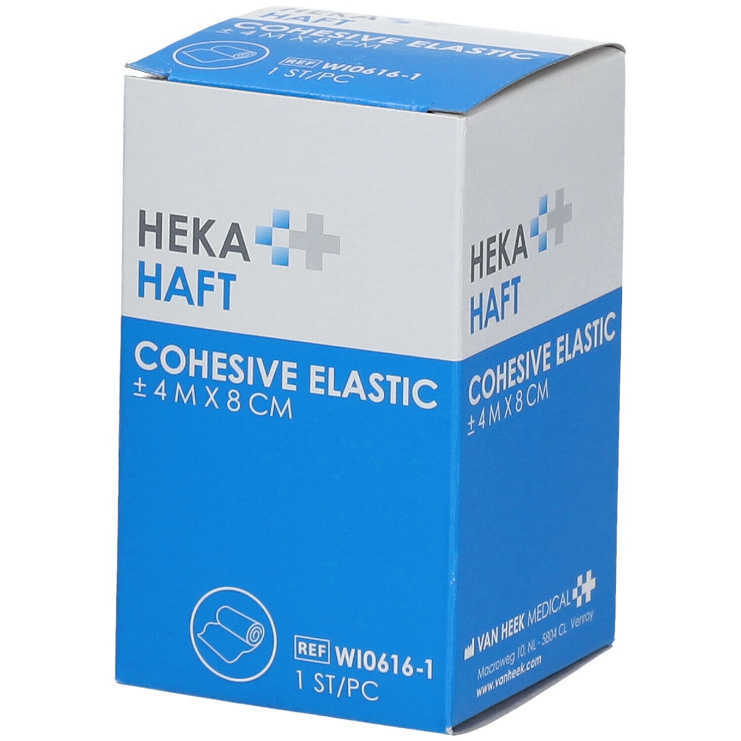 Verpakking van HEKAHAFT Cohesive Elastic. Opschrift: ±4 m x 8 cm. Wit-blauwe doos met productinfo en logo.