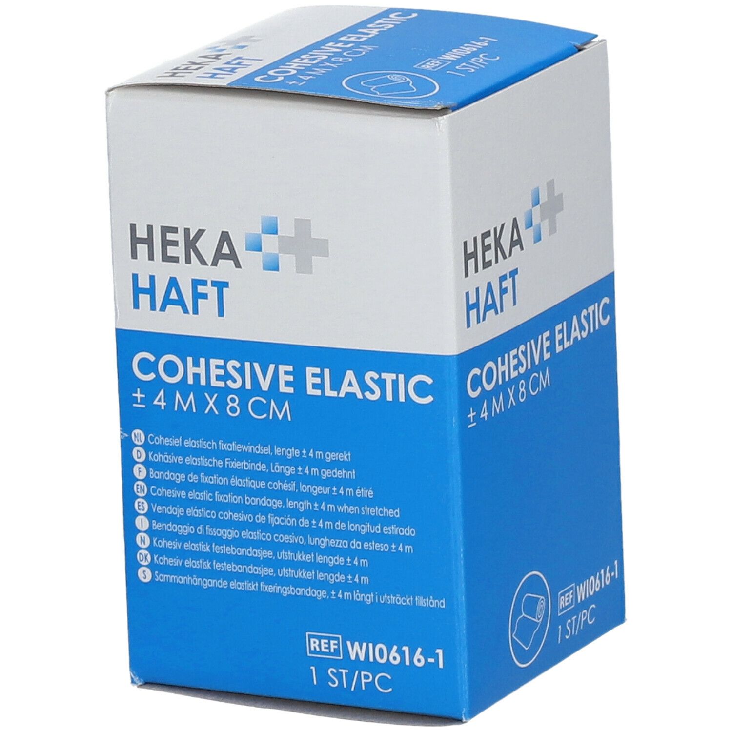 Verpakking van HEKAHAFT Cohesive Elastic. Meertalige tekst. Afmeting: ±4 m x 8 cm. Wit-blauwe doos met productinfo.