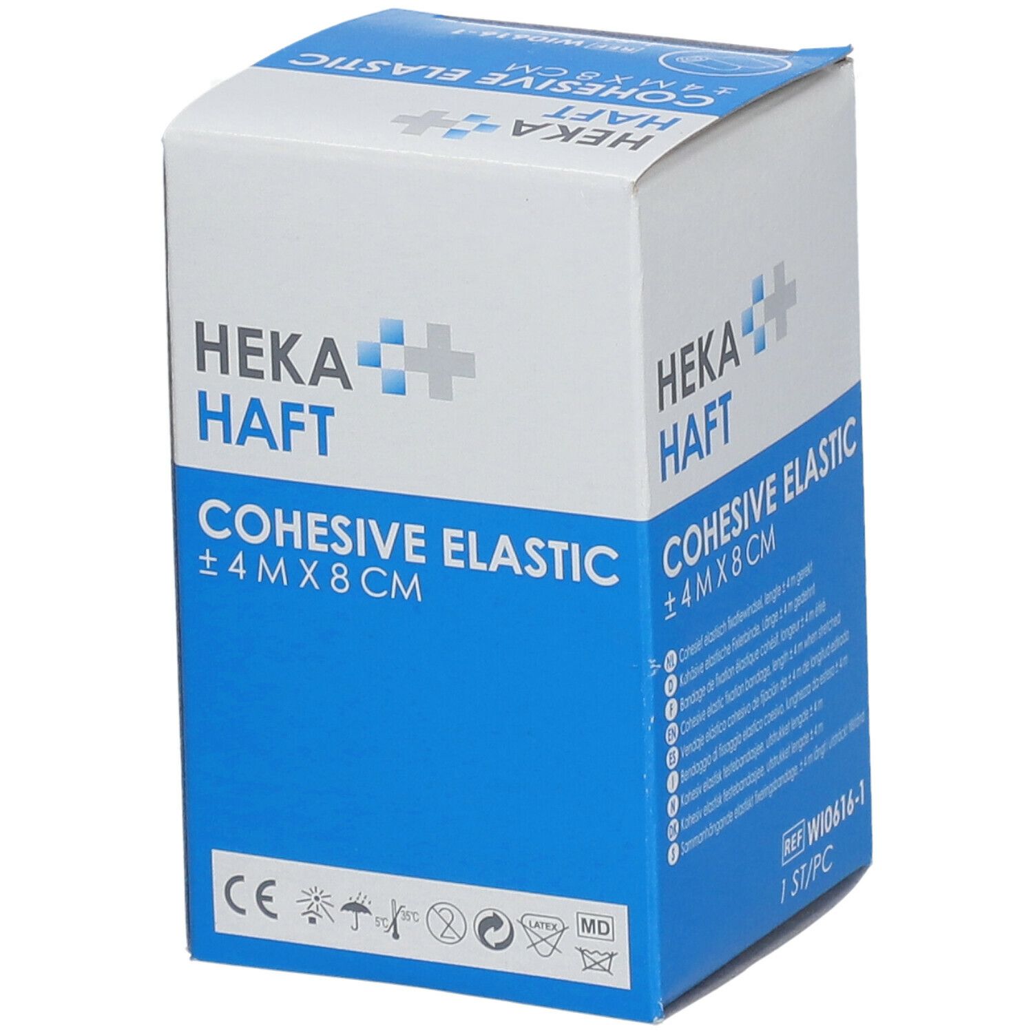 Verpakking van HEKAHAFT Cohesive Elastic. Afmeting: ±4 m x 8 cm. Wit-blauwe doos met productinfo en CE-markering.