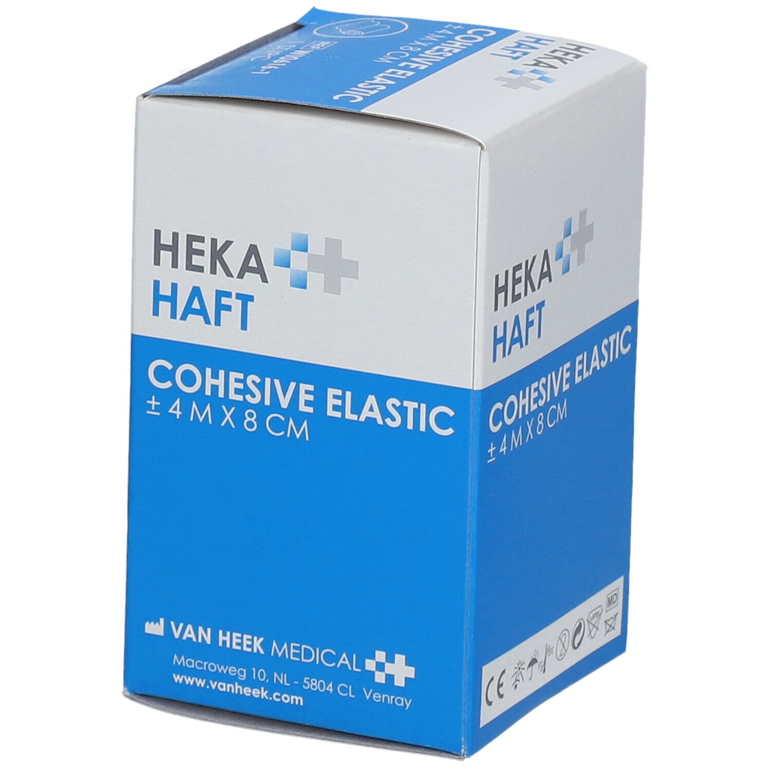 Verpakking van HEKAHAFT Cohesive Elastic. Afmeting: ±4 m x 8 cm. Wit-blauwe doos met logo en contactgegevens fabrikant.